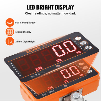 Digital Crane Scale, 2200 lbs/1000 kg, Industrial Heavy Duty Hanging Scale with Remote Control, Cast Aluminum V952-ZXDCZX200GYZ5IWZ1V9