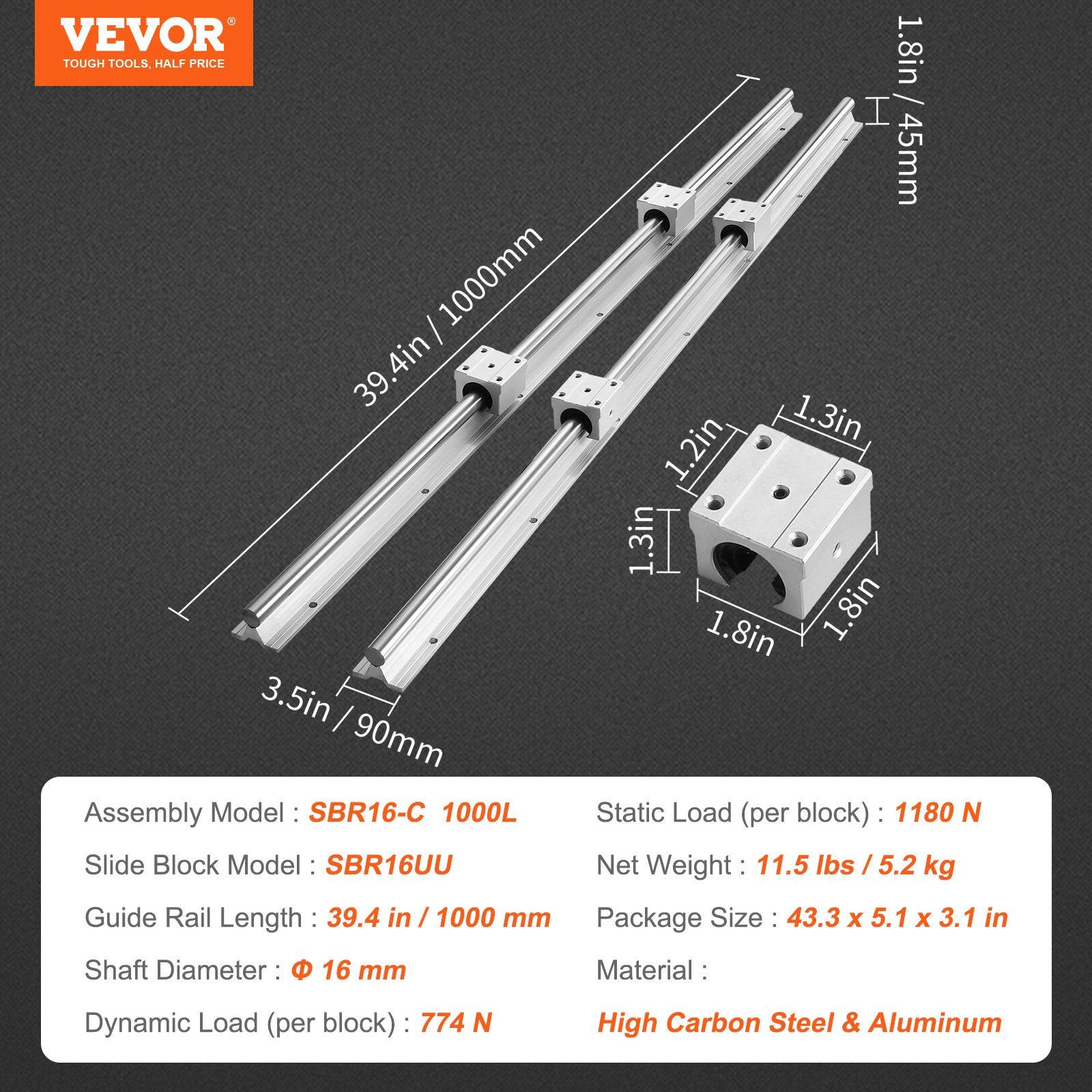 Linear Guide Rail Set, SBR16 1000mm, 2 PCS 39.4 in/1000 mm SBR16 Guide Rails and 4 PCS SBR16UU Slide Blocks, V952-ZXDGSBR16MM10H508V0