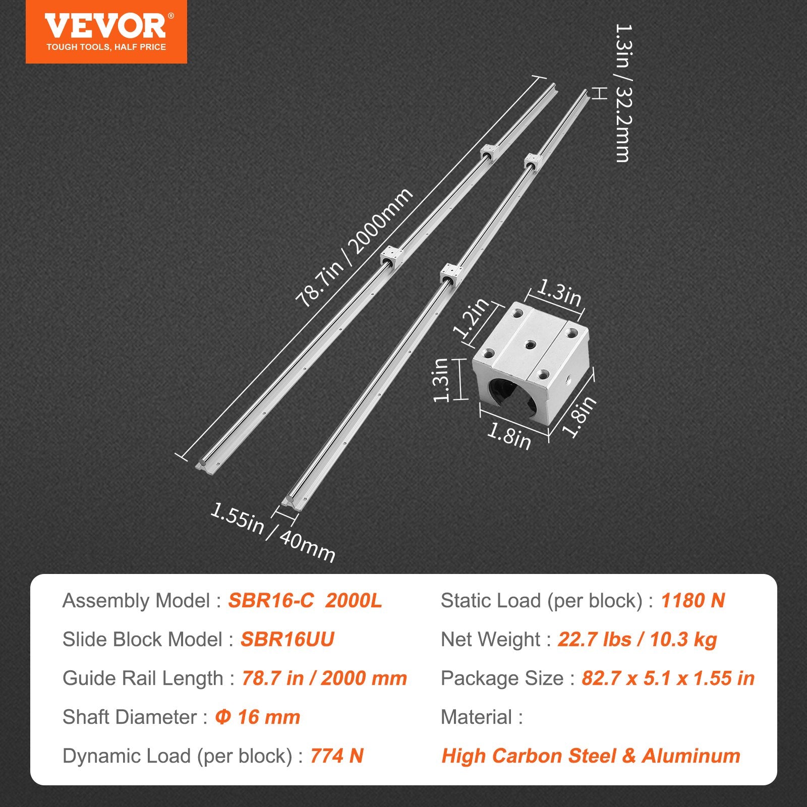 Linear Guide Rail Set, SBR16 2000mm, 2 PCS 78.7 in/2000 mm SBR16 Guide Rails and 4 PCS SBR16UU Slide Blocks, V952-ZXDGSBR16MM2011OMV0