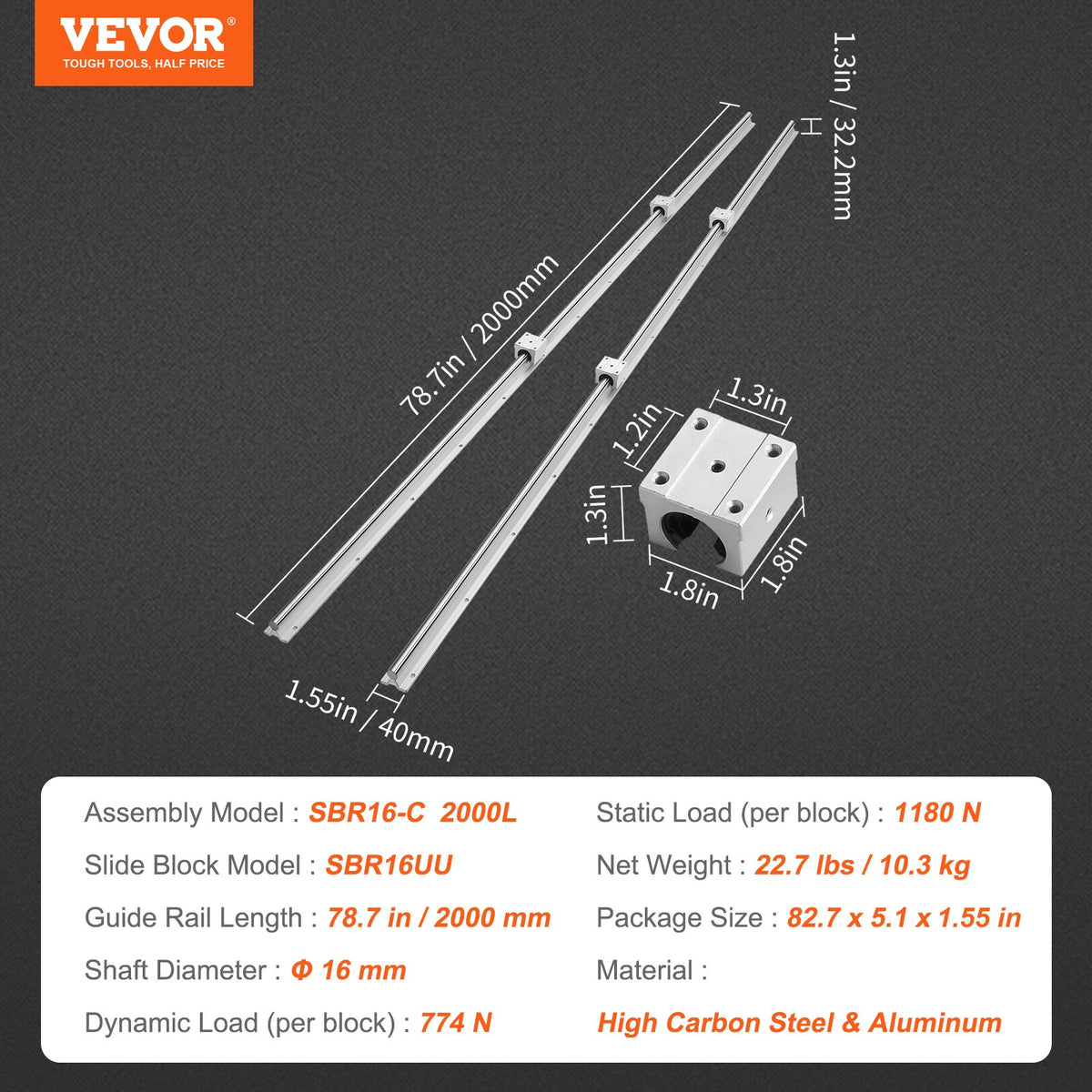 Linear Guide Rail Set, SBR16 2000mm, 2 PCS 78.7 in/2000 mm SBR16 Guide Rails and 4 PCS SBR16UU Slide Blocks, V952-ZXDGSBR16MM2011OMV0