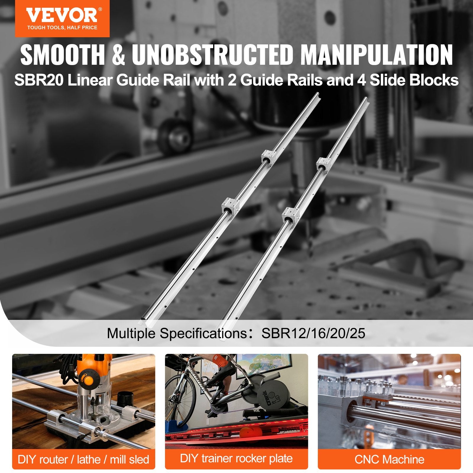 Linear Guide Rail Set, SBR20 1500mm, 2 PCS 59 in/1500 mm SBR20 Guide Rails and 4 PCS SBR20UU Slide Blocks, V952-ZXDGSBR20MM15WNLNV0