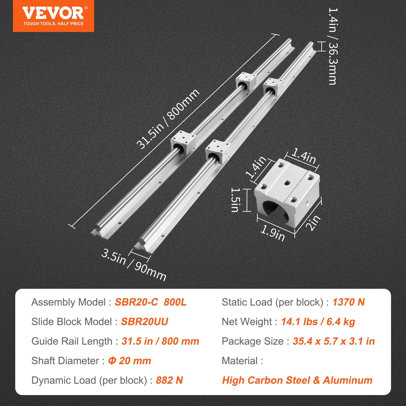 Linear Guide Rail Set, SBR20 800mm, 2 PCS 31.5 in/800 mm SBR20 Guide Rails and 4 PCS SBR20UU Slide Blocks, V952-ZXDGSBR2800MMZ0CIV0