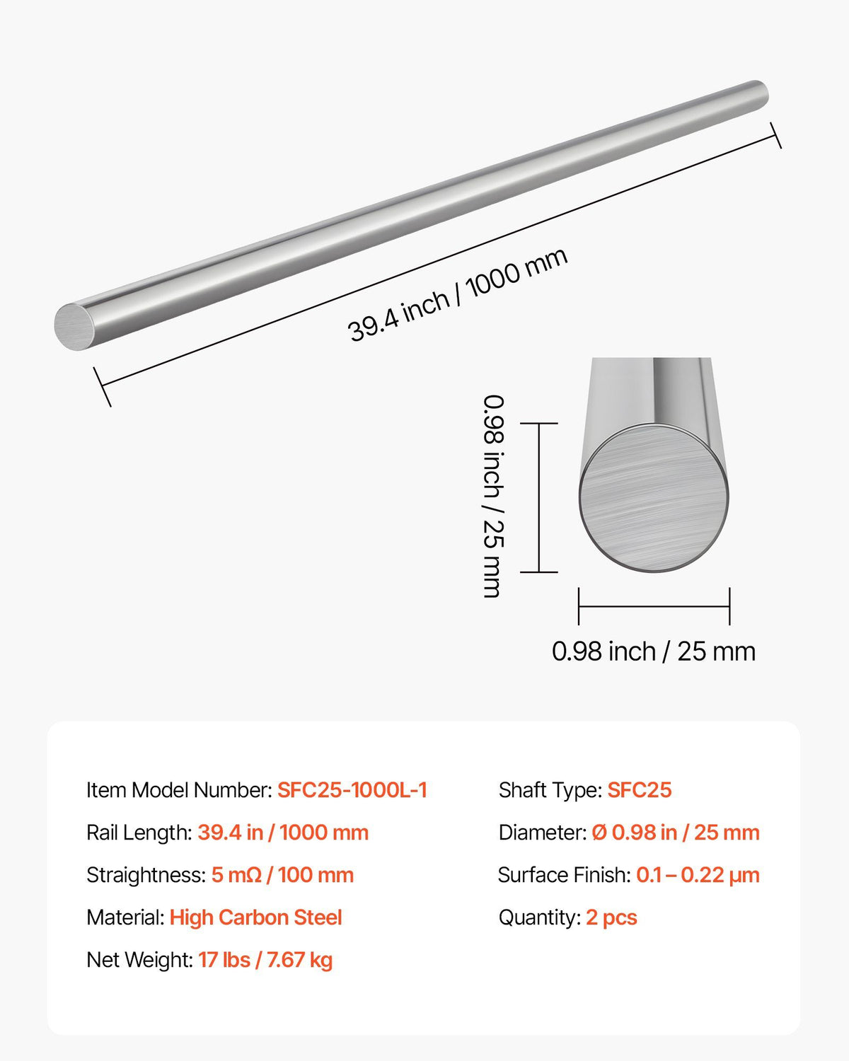 2PCS Linear Motion Rod, 25 mm x 1000 mm (0.98 x 39.4 in), SFC25 Carbon Steel Linear Rod Shaft, Anti Rust and V952-ZXDGSFCGZ25M02BI8001V0