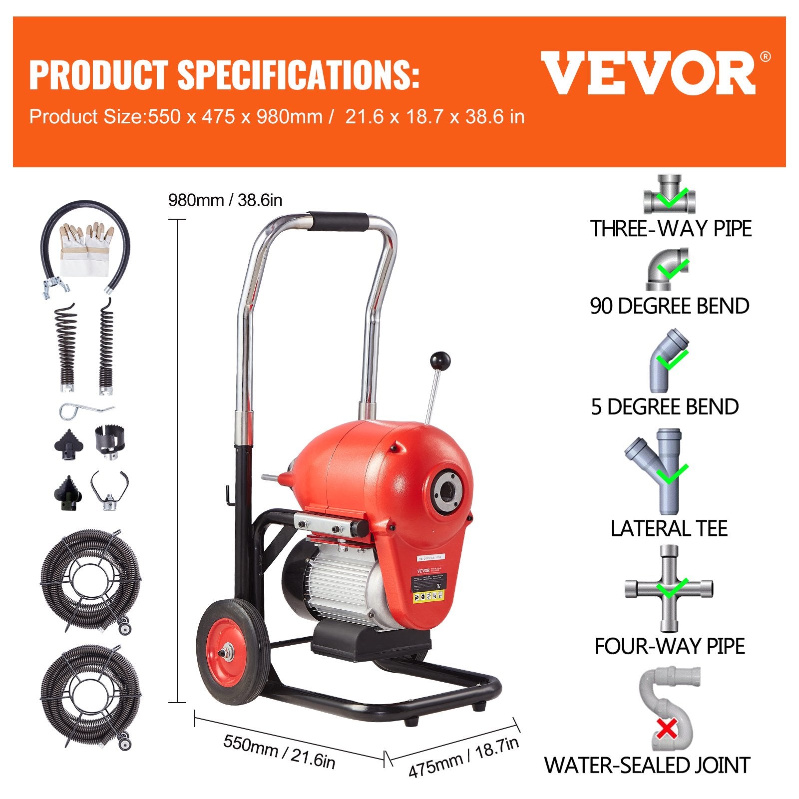Drain Cleaner Machine 120FT x 6/5" 1100W Sectional Snake Auger Manual Feed V952-ZXFDSGDSTJ11UUQWMV3