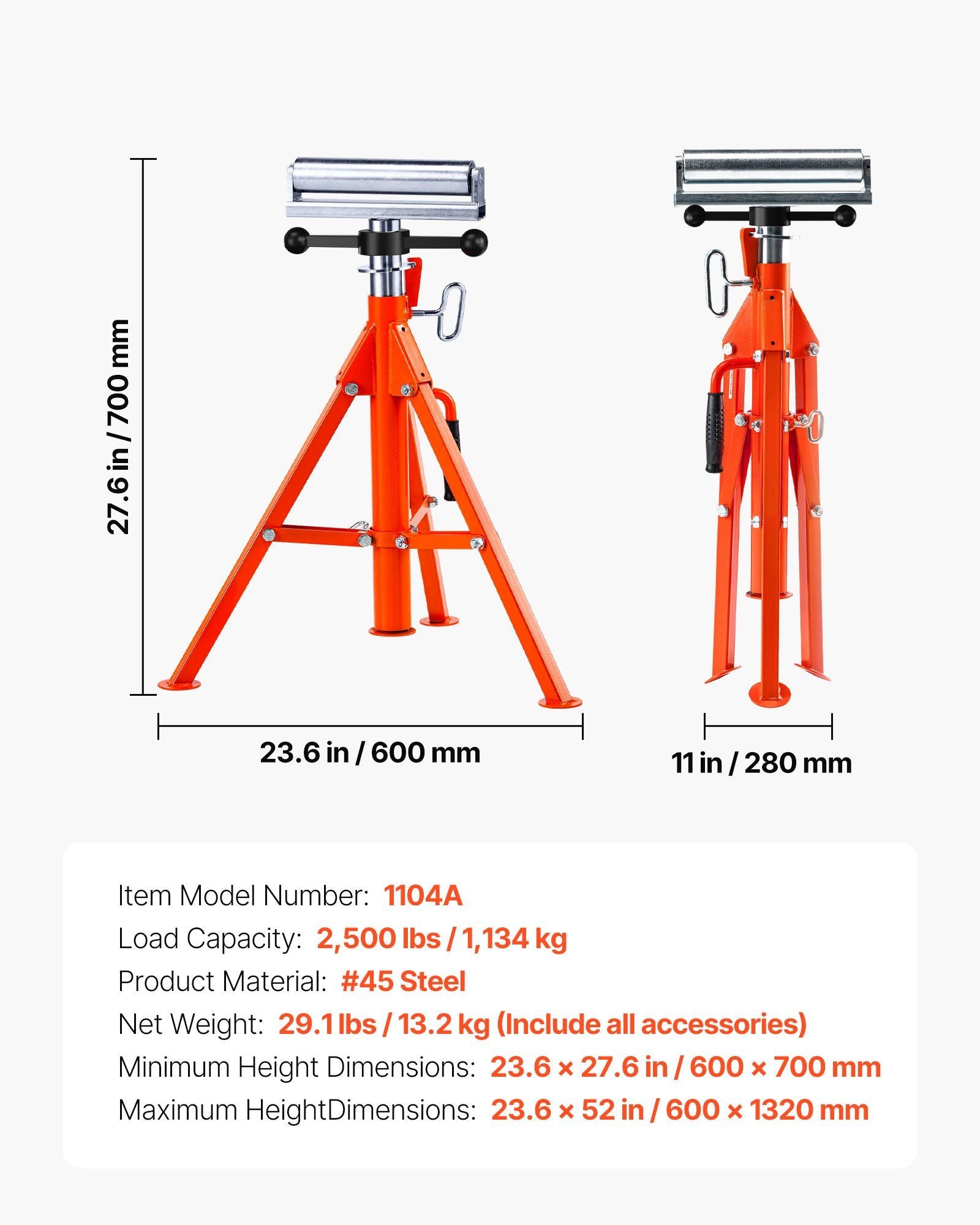 Roller Stand, Heavy Duty 1136 KG Load Capacity, 27.6"-52" Height Adjustable, 45# Steel Folding Roller Support V952-ZXGDZCZJ2852OPWP7V0