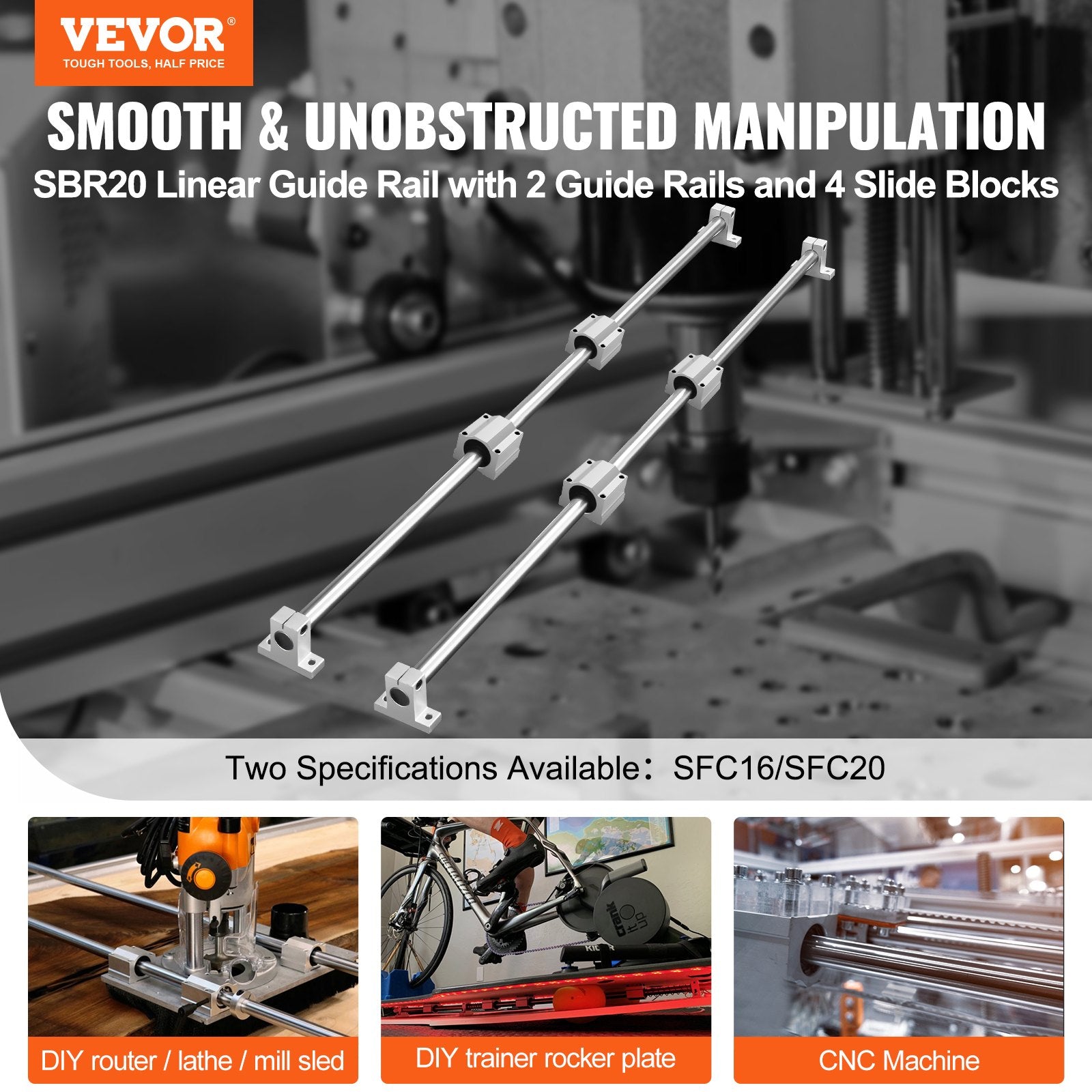 Linear Guide Rail Set, SFC20 1200mm, 2 PCS 47.2 in/1200 mm SFC20 Guide Rails 4 PCS SC20 Slide Blocks 4 PCS V952-ZXH20MM1200MM30G9V0