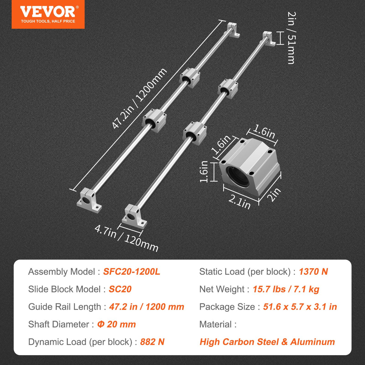 Linear Guide Rail Set, SFC20 1200mm, 2 PCS 47.2 in/1200 mm SFC20 Guide Rails 4 PCS SC20 Slide Blocks 4 PCS V952-ZXH20MM1200MM30G9V0