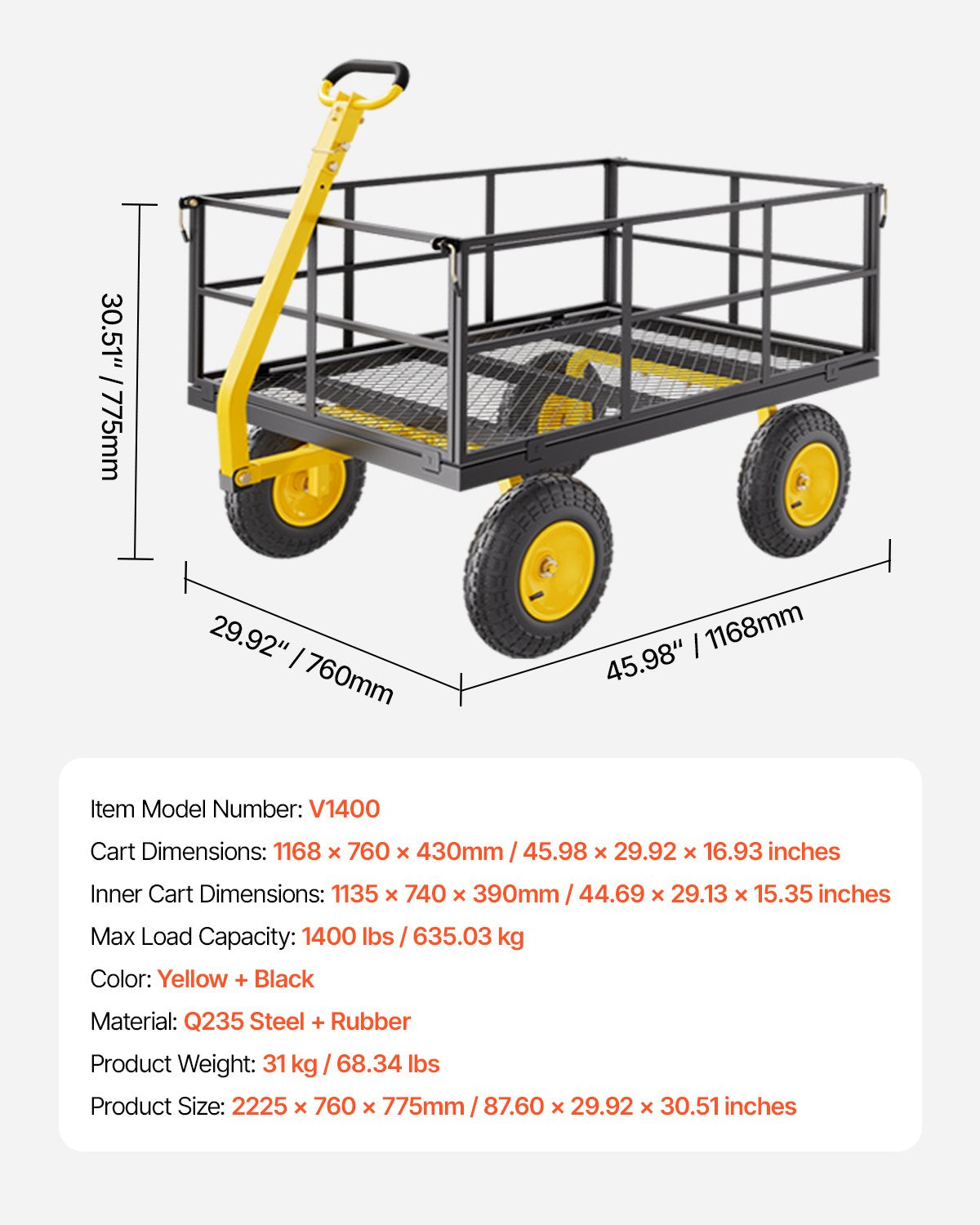 1400 Lbs Steel Garden Cart, Heavy Duty Pullable Garden Wagon Yard Cart, 2 in 1 Outdoor Metal Utility Wagon V952-ZXHYTCHH1400QIBNMV0
