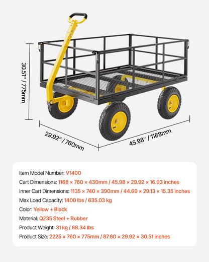 1400 Lbs Steel Garden Cart, Heavy Duty Pullable Garden Wagon Yard Cart, 2 in 1 Outdoor Metal Utility Wagon V952-ZXHYTCHH1400QIBNMV0