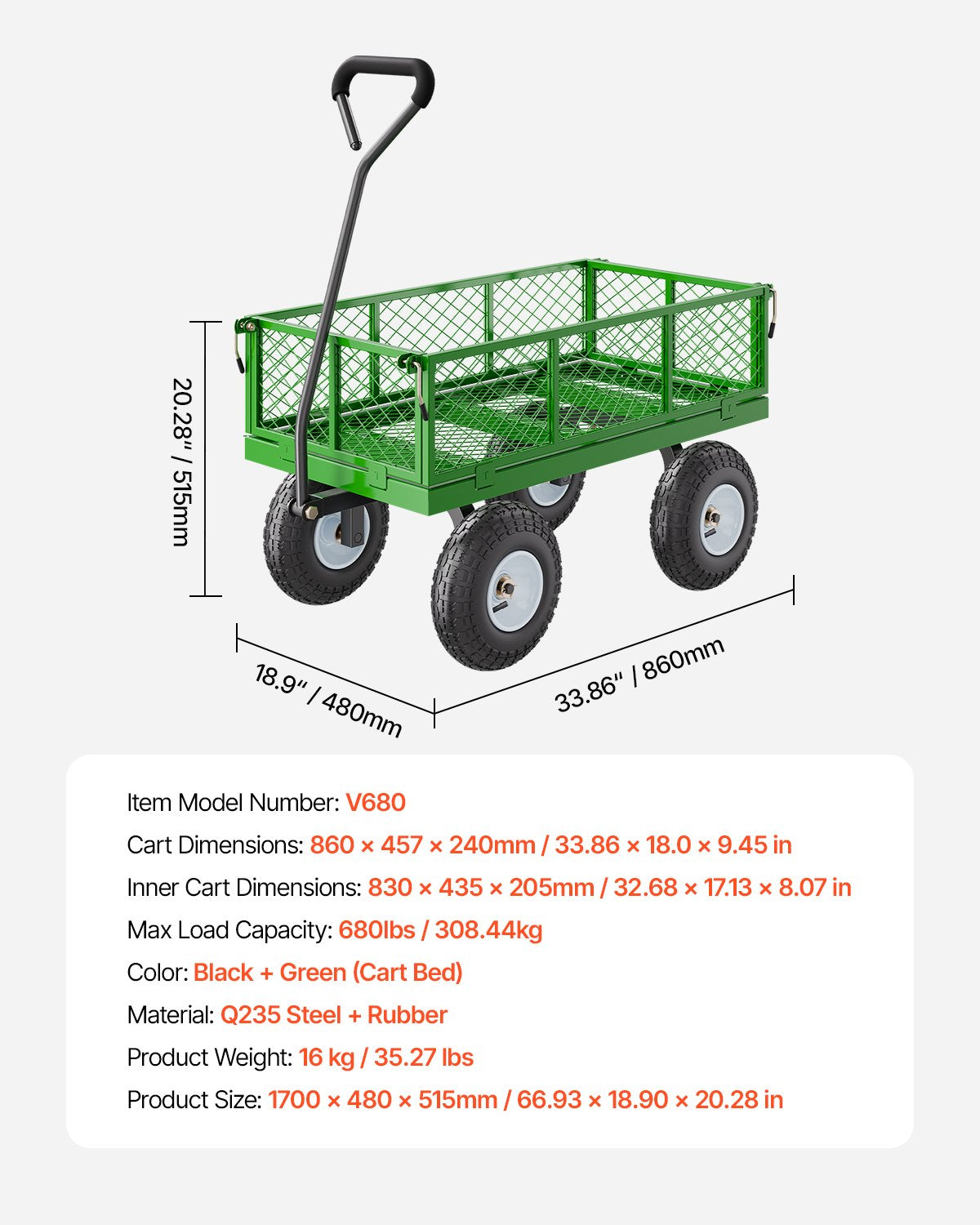 680 Lbs Steel Garden Cart on Wheels, Heavy Duty Garden Wagon Cart Pullable, Metal Outdoor Utility Yard Wagon V952-ZXHYTCHH680LDM4Y8V0