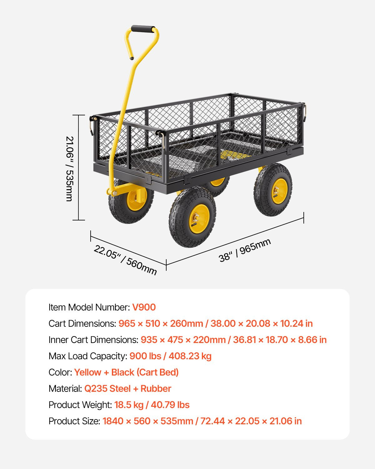 900 Lbs Heavy Duty Steel Garden Cart, Garden Wagon Cart on Wheels, Outdoor Metal Yard Utility Wagon Carts V952-ZXHYTCHH900L1UA7KV0