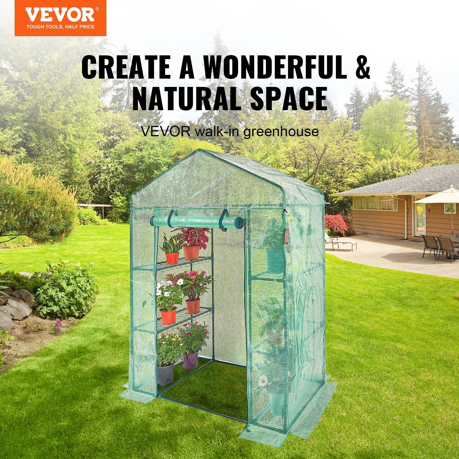 Walk-in Green House, 4.6 x 2.4 x 6.7 ft Greenhouse with Shelves, Set Up in Minutes, High Strength PE Cover V952-ZXJZWSFMTCGLSKFP5V0