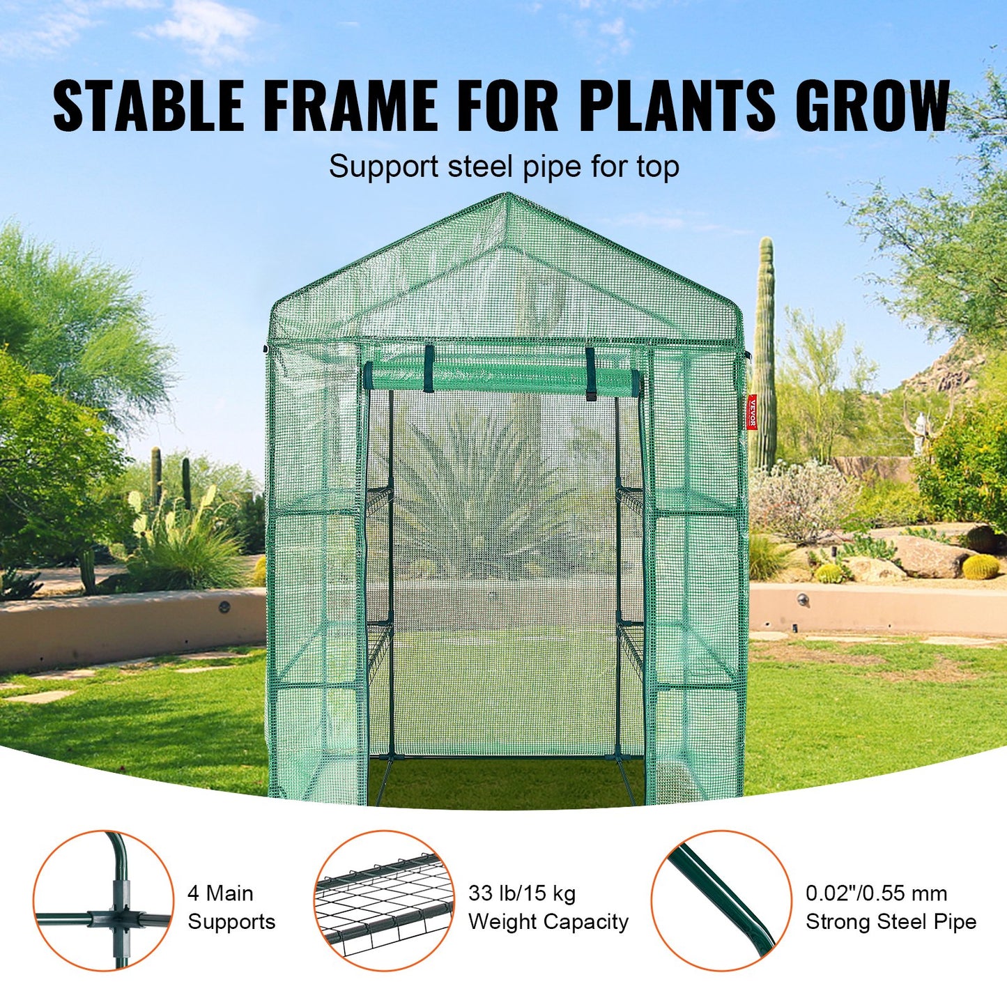 Walk-in Green House, 4.6 x 2.4 x 6.7 ft Greenhouse with Shelves, Set Up in Minutes, High Strength PE Cover V952-ZXJZWSFMTCGLSKFP5V0