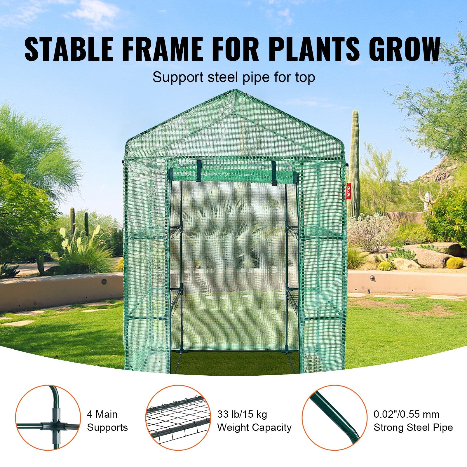 Walk-in Green House, 4.6 x 2.4 x 6.7 ft Greenhouse with Shelves, Set Up in Minutes, High Strength PE Cover V952-ZXJZWSFMTCGLSKFP5V0
