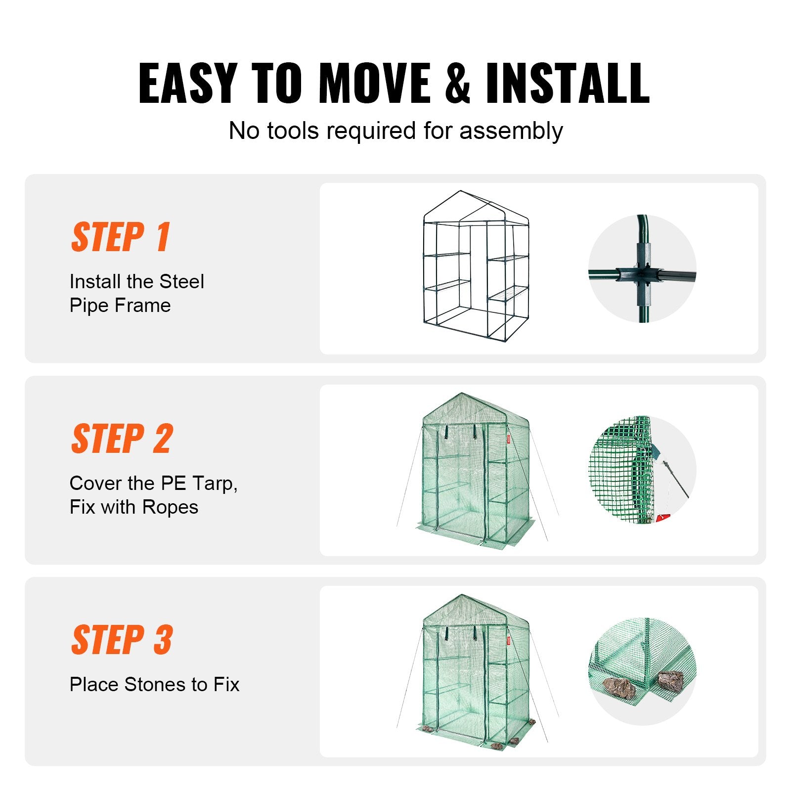 Walk-in Green House, 4.6 x 2.4 x 6.7 ft Greenhouse with Shelves, Set Up in Minutes, High Strength PE Cover V952-ZXJZWSFMTCGLSKFP5V0
