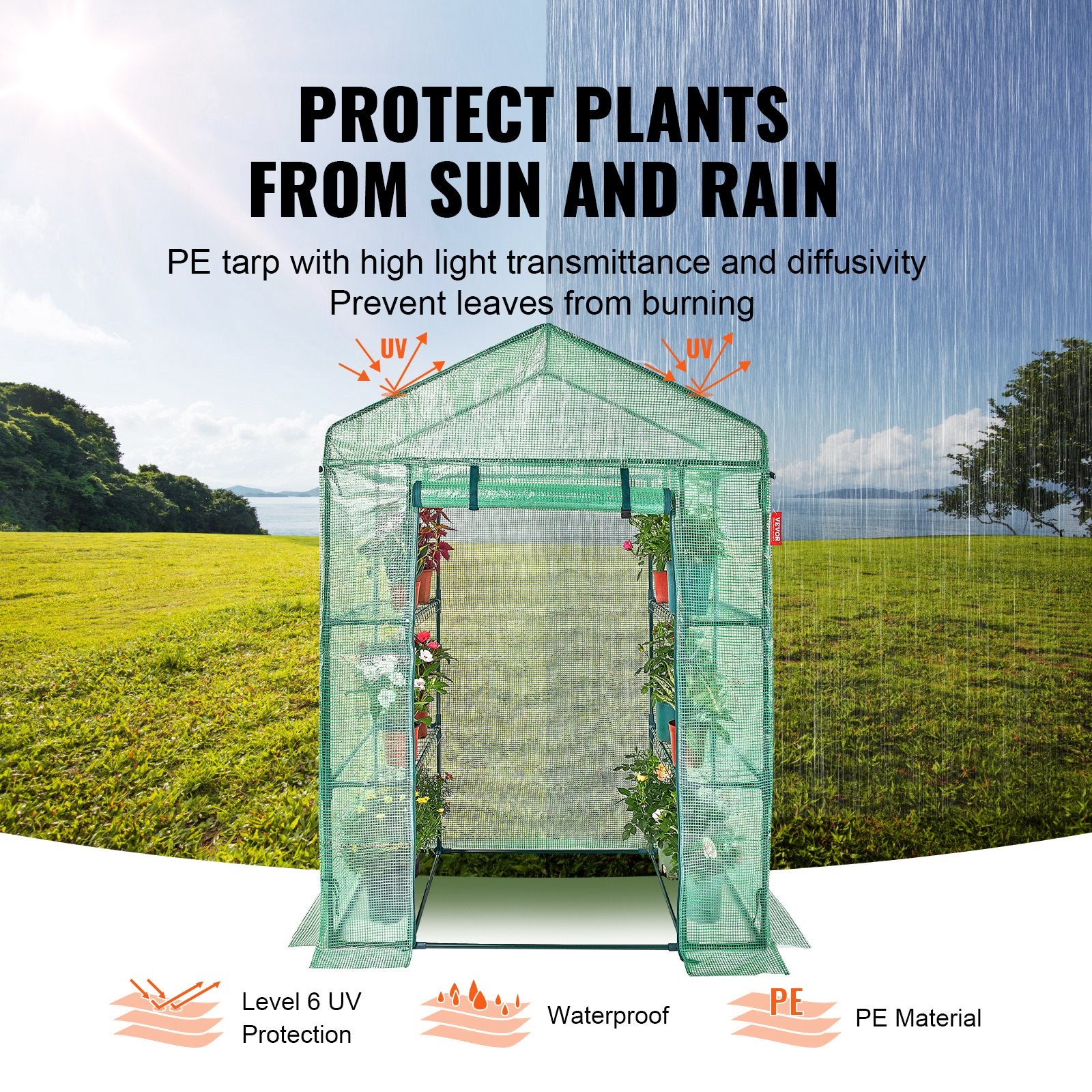 Walk-in Green House, 4.6 x 2.4 x 6.7 ft Greenhouse with Shelves, Set Up in Minutes, High Strength PE Cover V952-ZXJZWSFMTCGLSKFP5V0