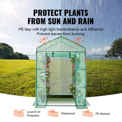 Walk-in Green House, 4.6 x 2.4 x 6.7 ft Greenhouse with Shelves, Set Up in Minutes, High Strength PE Cover V952-ZXJZWSFMTCGLSKFP5V0