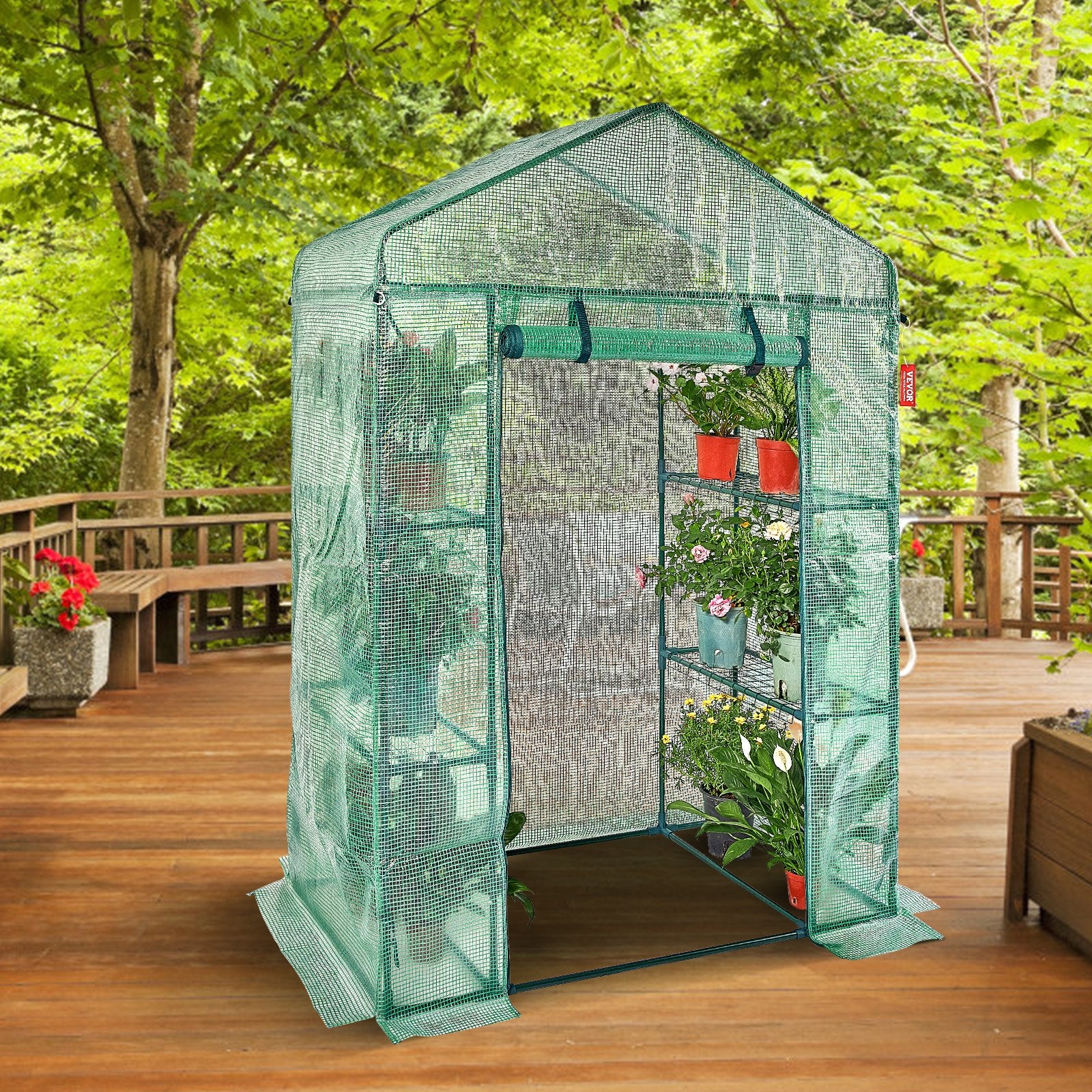 Walk-in Green House, 4.6 x 2.4 x 6.7 ft Greenhouse with Shelves, Set Up in Minutes, High Strength PE Cover V952-ZXJZWSFMTCGLSKFP5V0