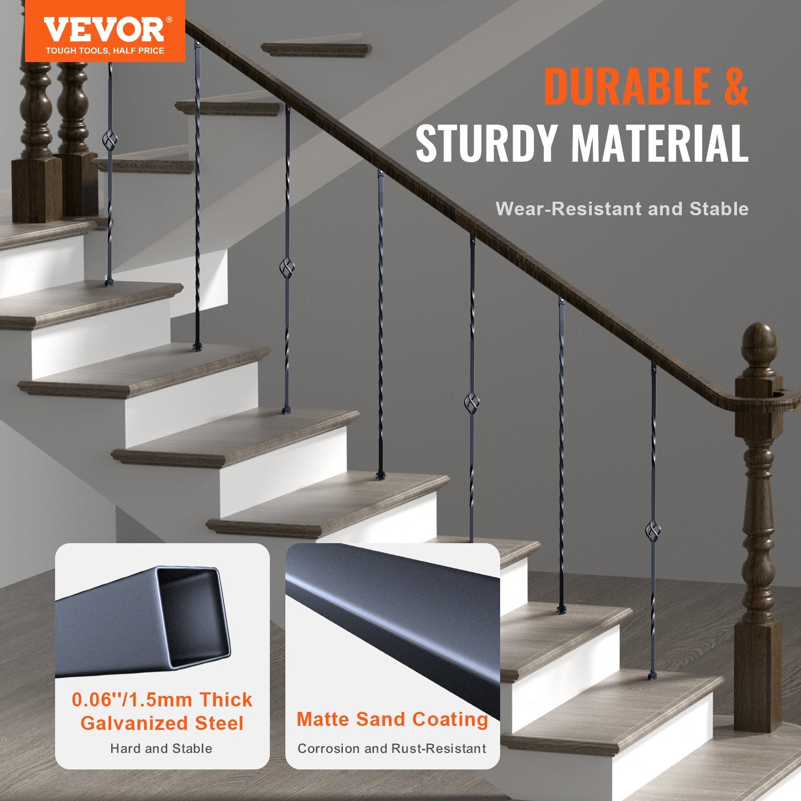 Staircase Metal Balusters, 44'' x 1/2" Galvanized Steel Decorative Banister Spindles, 10 Pack Deck Baluster V952-ZXKLGZ10G43835UVDV0