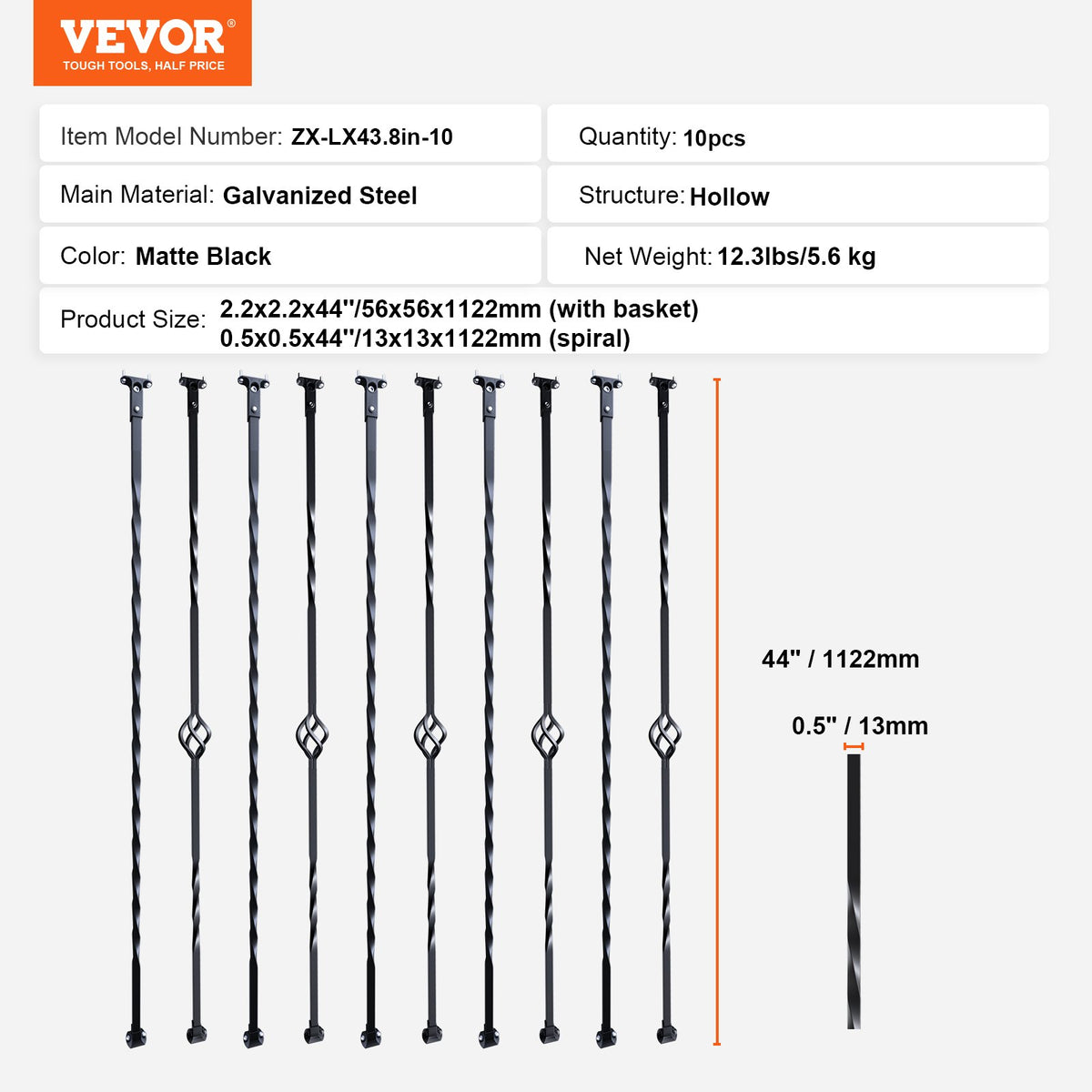Staircase Metal Balusters, 44'' x 1/2" Galvanized Steel Decorative Banister Spindles, 10 Pack Deck Baluster V952-ZXKLGZ10G43835UVDV0