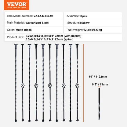 Staircase Metal Balusters, 44'' x 1/2" Galvanized Steel Decorative Banister Spindles, 10 Pack Deck Baluster V952-ZXKLGZ10G43835UVDV0