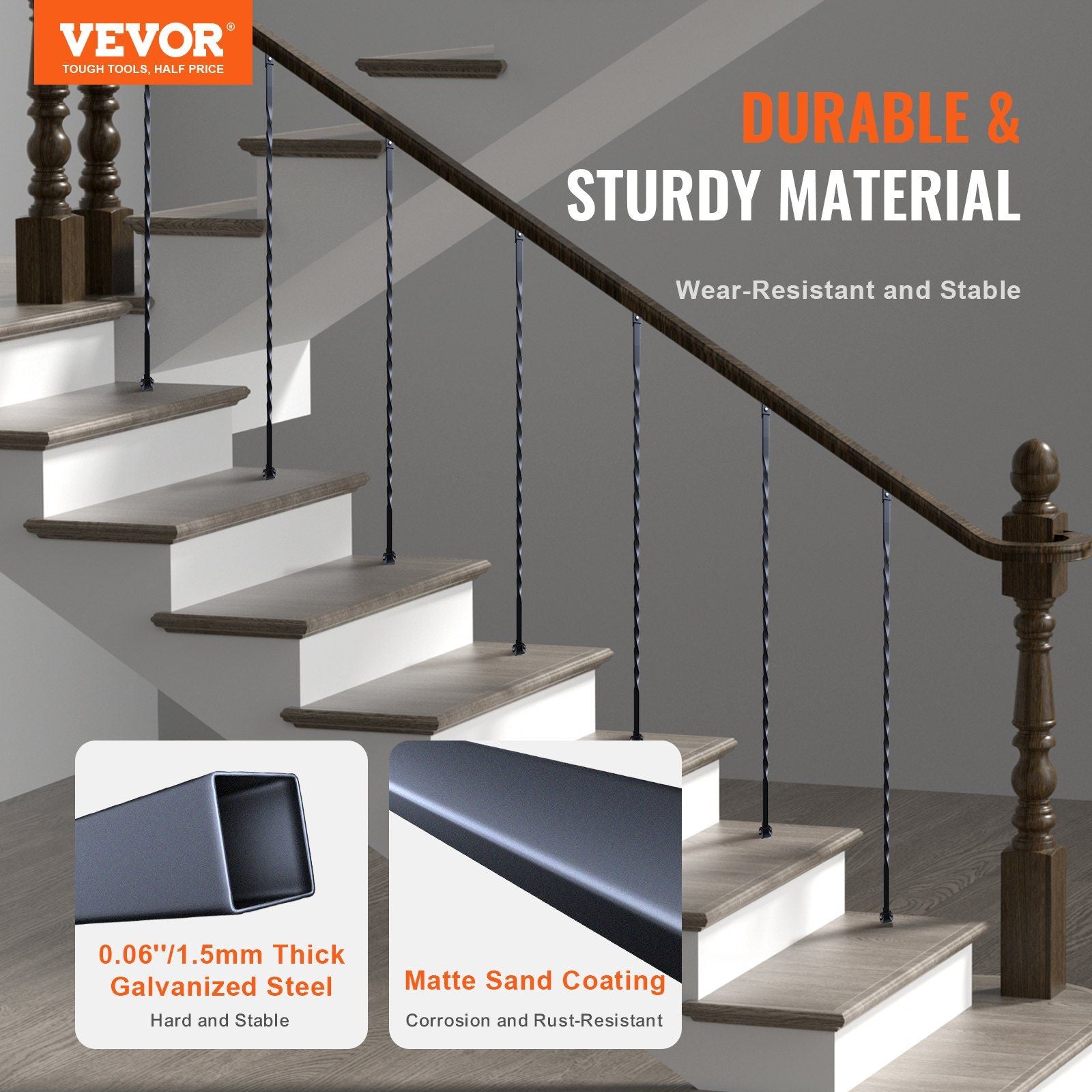 Staircase Metal Balusters, 44'' x 1/2" Galvanized Steel Decorative Banister Spindles, 10 Pack Deck Baluster V952-ZXKLGZ10G44YH4VC6V0