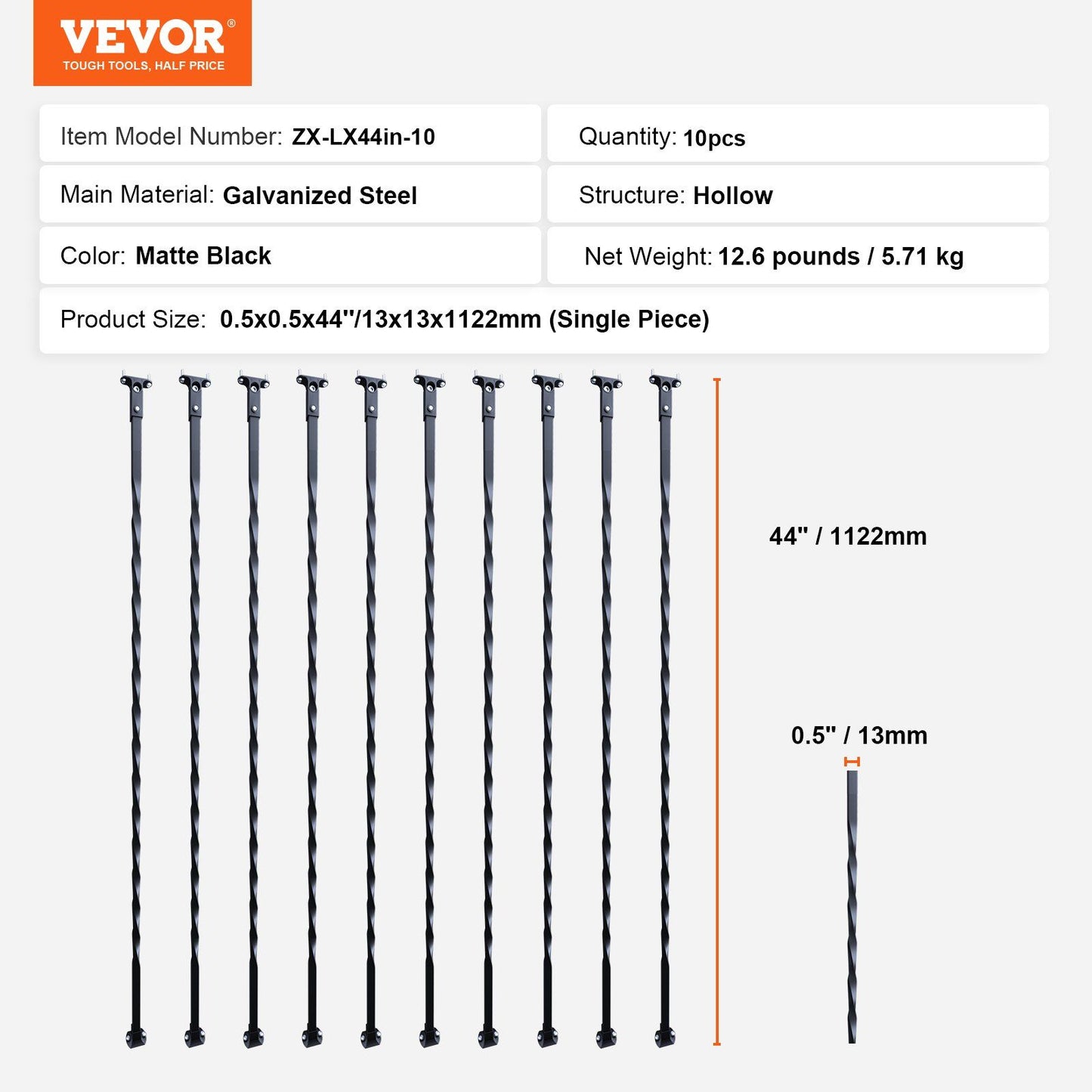 Staircase Metal Balusters, 44'' x 1/2" Galvanized Steel Decorative Banister Spindles, 10 Pack Deck Baluster V952-ZXKLGZ10G44YH4VC6V0