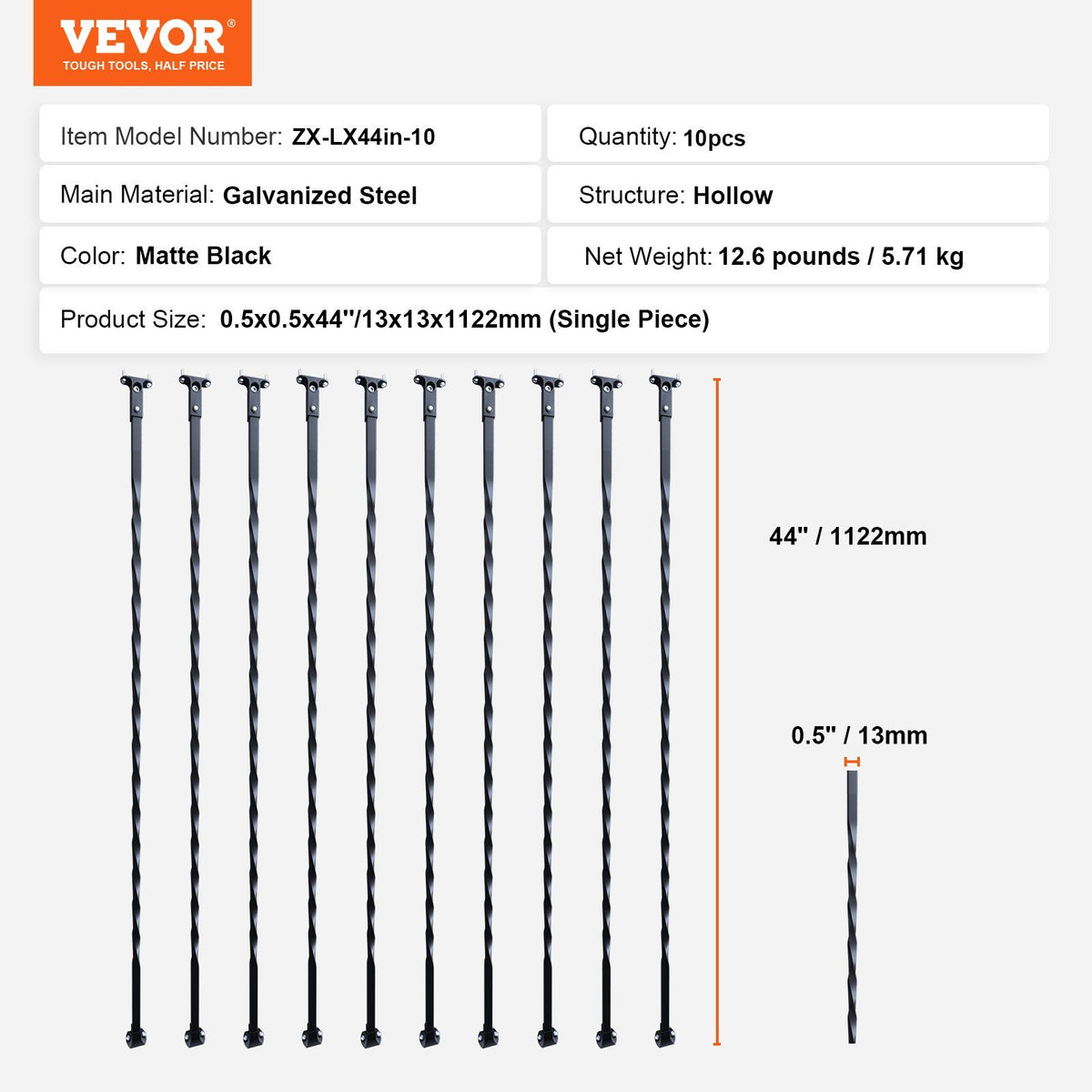 Staircase Metal Balusters, 44'' x 1/2" Galvanized Steel Decorative Banister Spindles, 10 Pack Deck Baluster V952-ZXKLGZ10G44YH4VC6V0