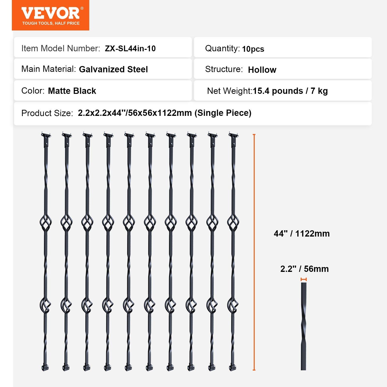 Staircase Metal Balusters, 44'' x 1/2" Galvanized Steel Decorative Banister Spindles, 10 Pack Deck Baluster V952-ZXKLGZ44YC103UJY9V0