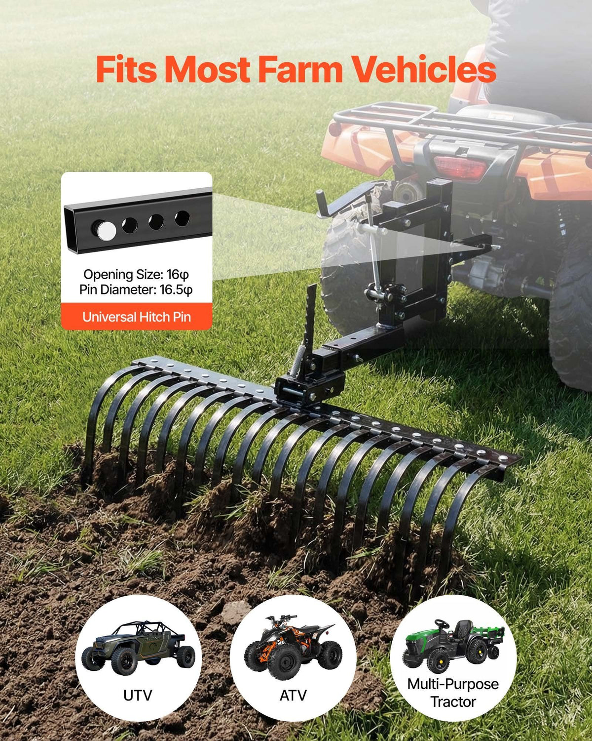106.7cm Tow Behind Landscape Rake, 3-Point Lawn Rock Rake with Blade & Lift Lever, Fit Category 1 ATVs UTVs V952-ZXSCJ42INCHYATJQA001V0