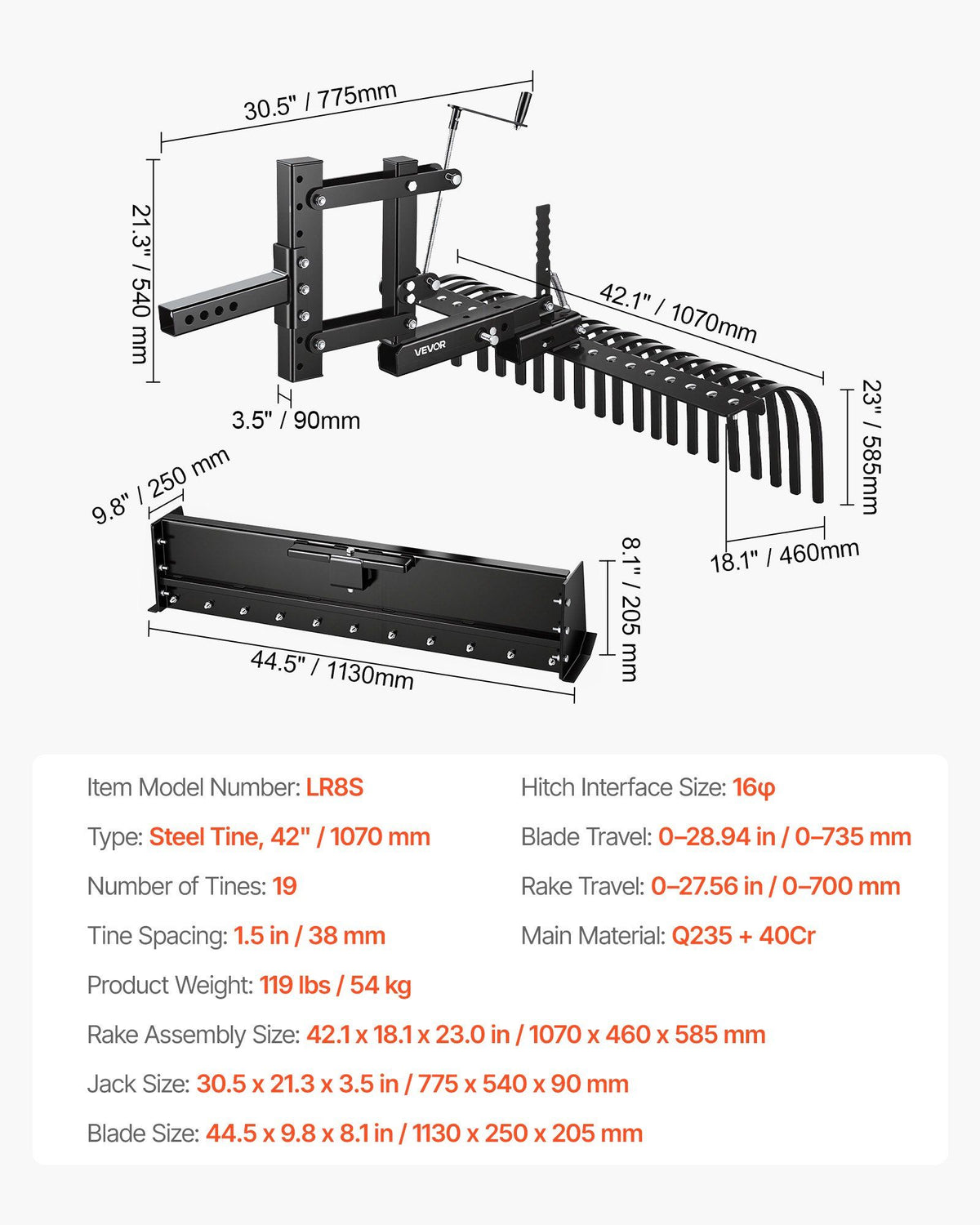 106.7cm Tow Behind Landscape Rake, 3-Point Lawn Rock Rake with Blade & Lift Lever, Fit Category 1 ATVs UTVs V952-ZXSCJ42INCHYATJQA001V0