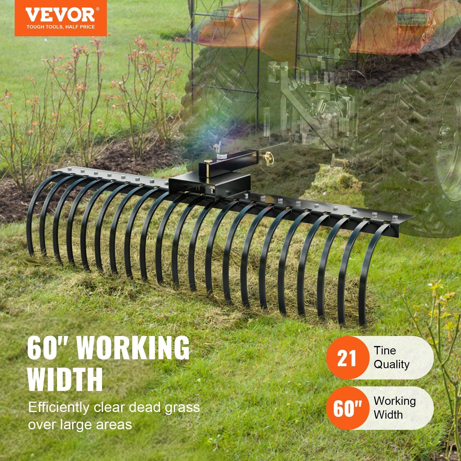 Tow Behind Landscape Rake, 1.5m Tow Dethatcher with 21 Steel Coil Tines, Lawn Dethatcher Rake Attaches to V952-ZXSCJ60BDSDLG2B3EV0