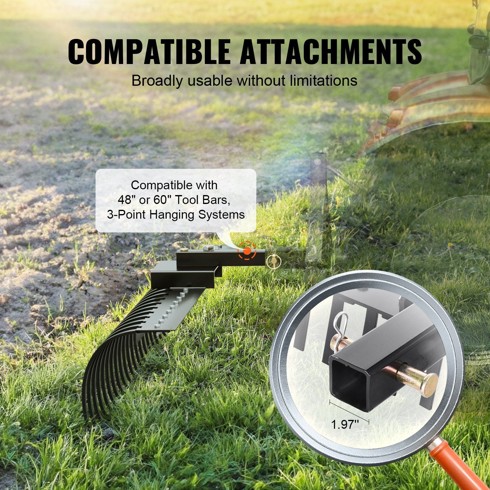 Tow Behind Landscape Rake, 1.5m Tow Dethatcher with 21 Steel Coil Tines, Lawn Dethatcher Rake Attaches to V952-ZXSCJ60BDSDLG2B3EV0