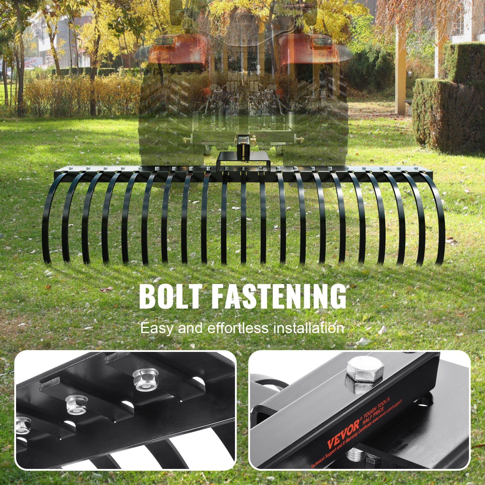 Tow Behind Landscape Rake, 1.5m Tow Dethatcher with 21 Steel Coil Tines, Lawn Dethatcher Rake Attaches to V952-ZXSCJ60BDSDLG2B3EV0