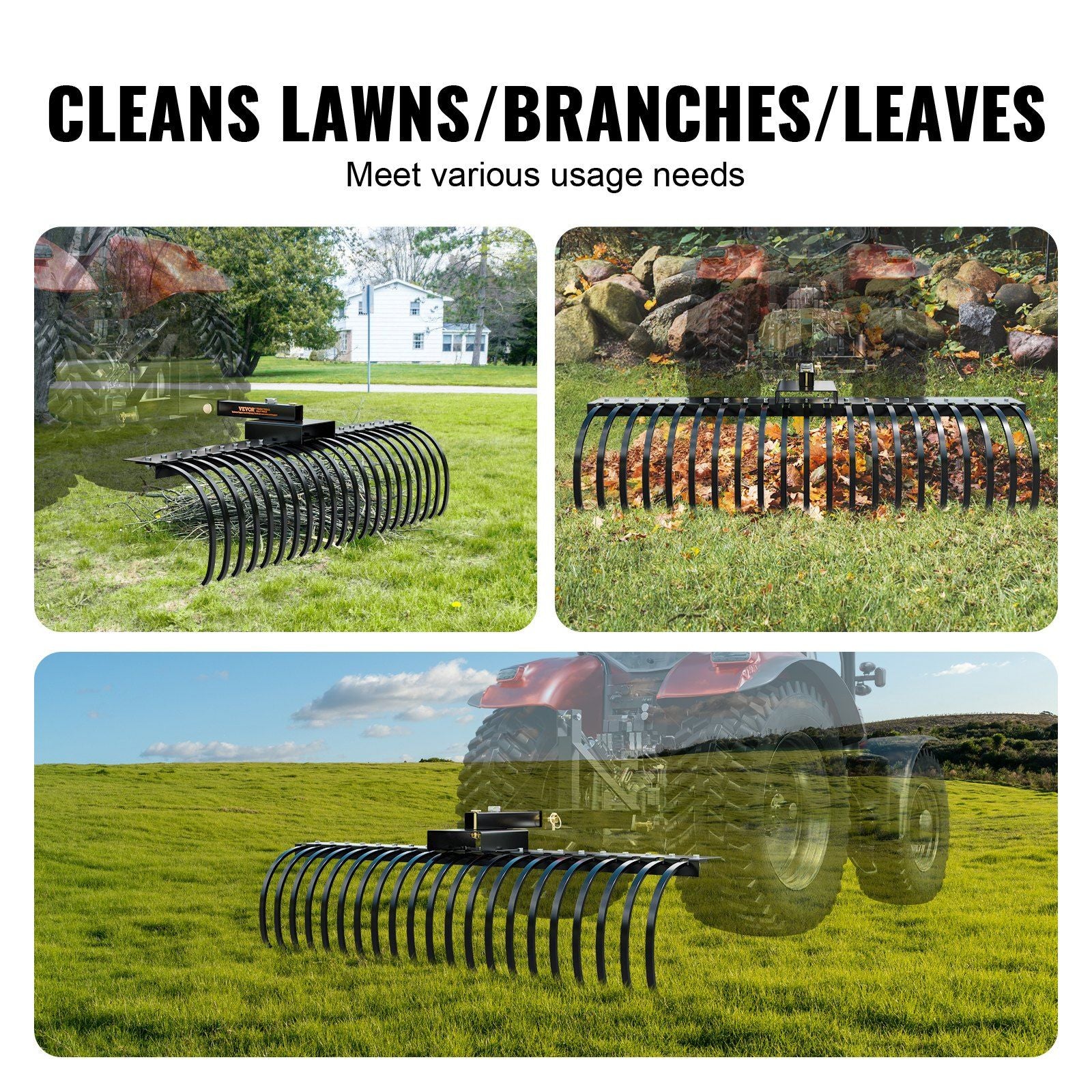 Tow Behind Landscape Rake, 1.5m Tow Dethatcher with 21 Steel Coil Tines, Lawn Dethatcher Rake Attaches to V952-ZXSCJ60BDSDLG2B3EV0