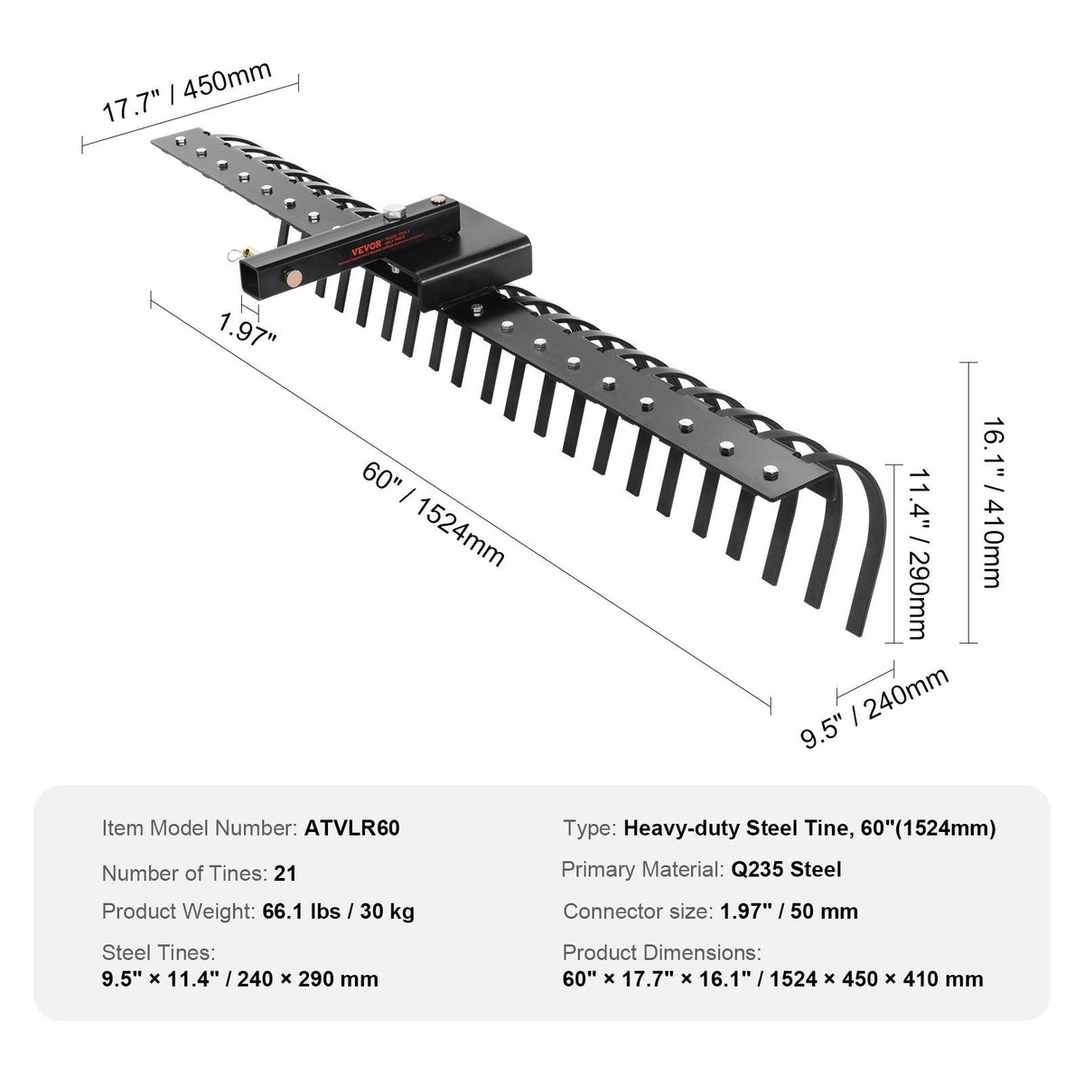Tow Behind Landscape Rake, 1.5m Tow Dethatcher with 21 Steel Coil Tines, Lawn Dethatcher Rake Attaches to V952-ZXSCJ60BDSDLG2B3EV0