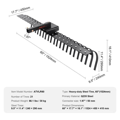 Tow Behind Landscape Rake, 1.5m Tow Dethatcher with 21 Steel Coil Tines, Lawn Dethatcher Rake Attaches to V952-ZXSCJ60BDSDLG2B3EV0