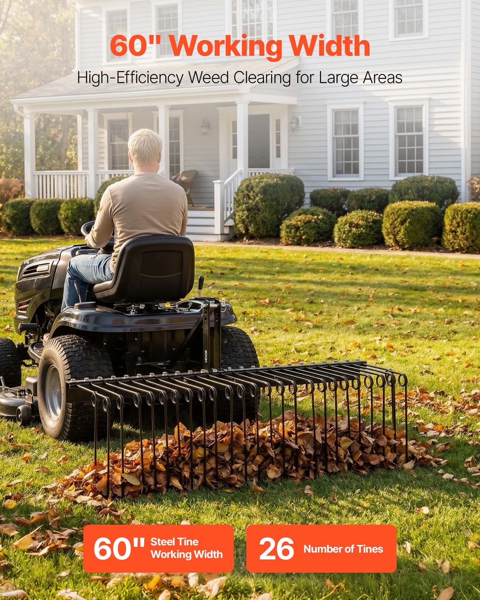 150 cm Tow Behind Landscape Rake, 3 Point Hitch Lawn Dethatcher Rake, 26 Spring Steel Tines, for Category 1 V952-ZXSCJ60INCHBP8SL7001V0