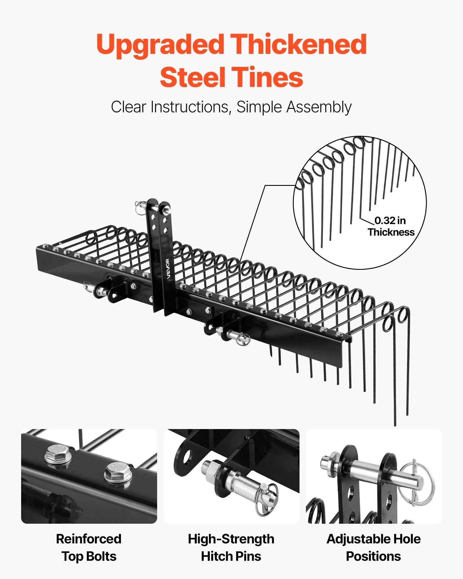 150 cm Tow Behind Landscape Rake, 3 Point Hitch Lawn Dethatcher Rake, 26 Spring Steel Tines, for Category 1 V952-ZXSCJ60INCHBP8SL7001V0