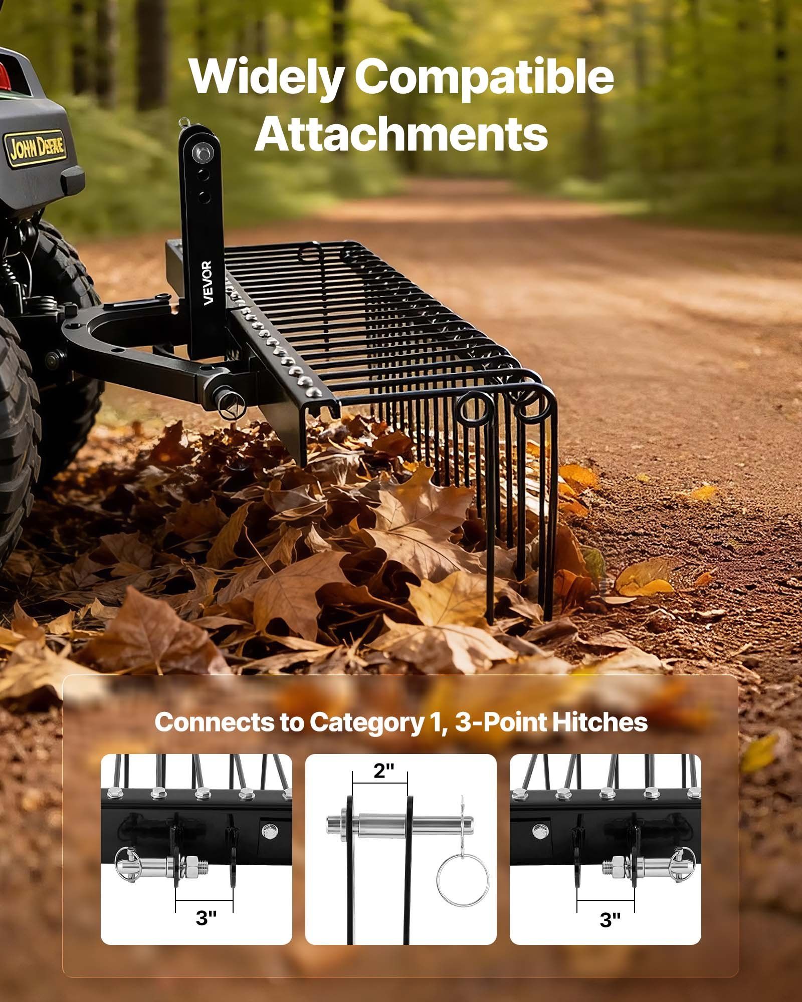 150 cm Tow Behind Landscape Rake, 3 Point Hitch Lawn Dethatcher Rake, 26 Spring Steel Tines, for Category 1 V952-ZXSCJ60INCHBP8SL7001V0