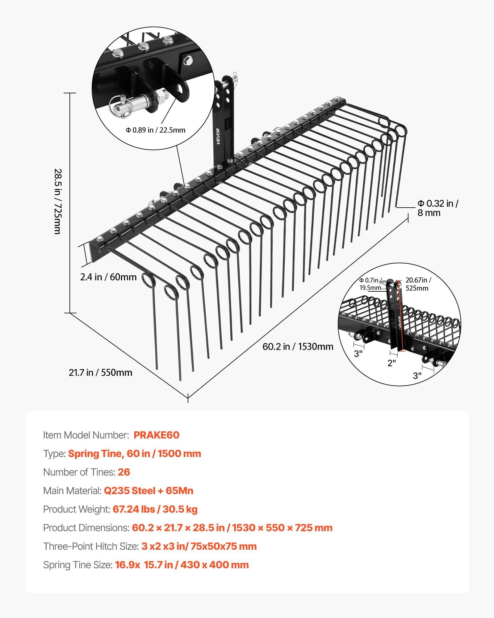 150 cm Tow Behind Landscape Rake, 3 Point Hitch Lawn Dethatcher Rake, 26 Spring Steel Tines, for Category 1 V952-ZXSCJ60INCHBP8SL7001V0