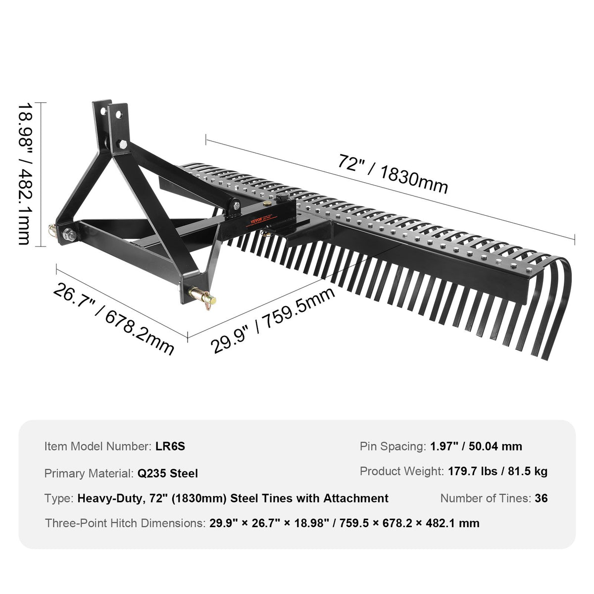 Tow Behind Dethatcher, 1.8m Tow Dethatcher with 36 Steel Tines, 3-Point Lawn Dethatcher Rake with Attachments V952-ZXSCJ72DSDLJ73TTAV0