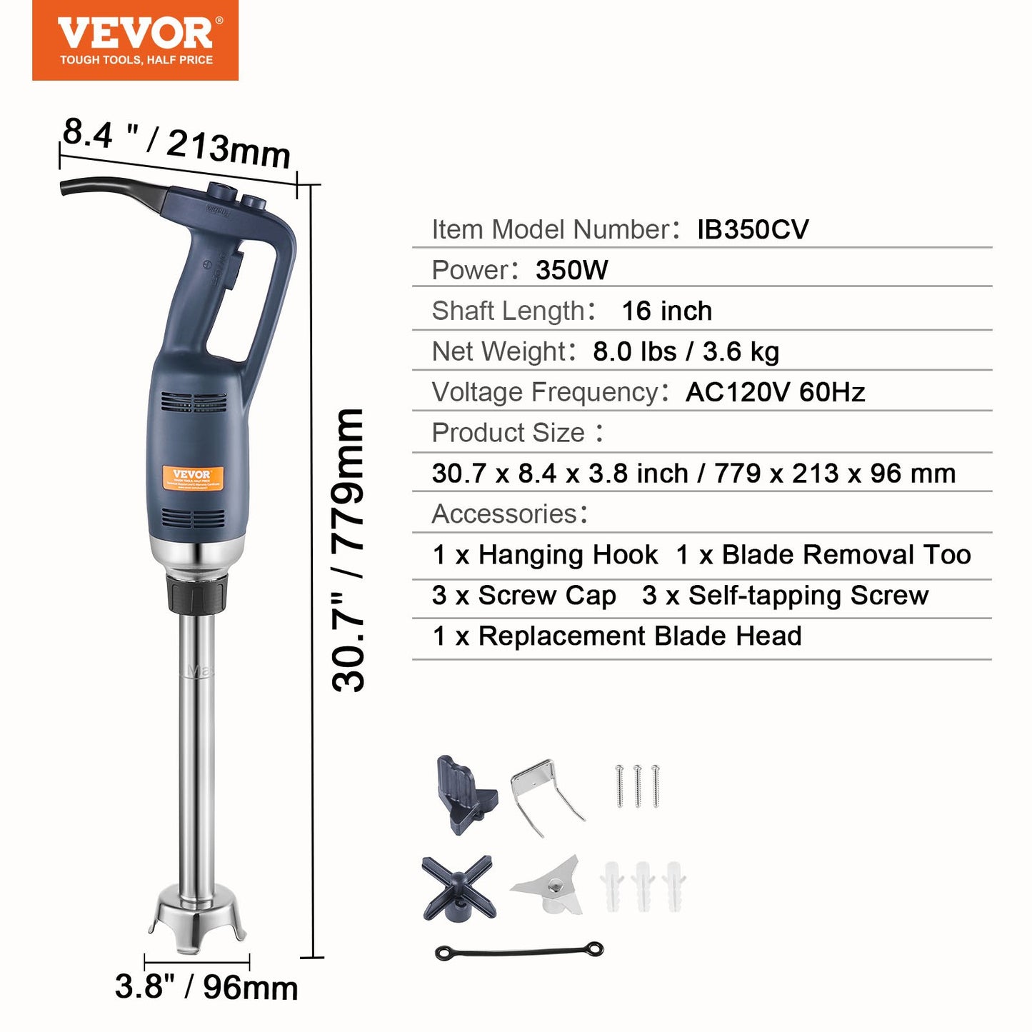 Commercial Immersion Blender 350W Heavy Duty Hand Mixer for Soup Sauces V952-ZXSCJBQ350WB371FZV3