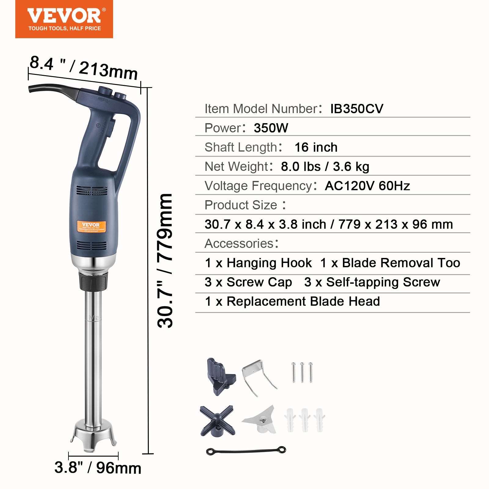 Commercial Immersion Blender 350W Heavy Duty Hand Mixer for Soup Sauces V952-ZXSCJBQ350WB371FZV3