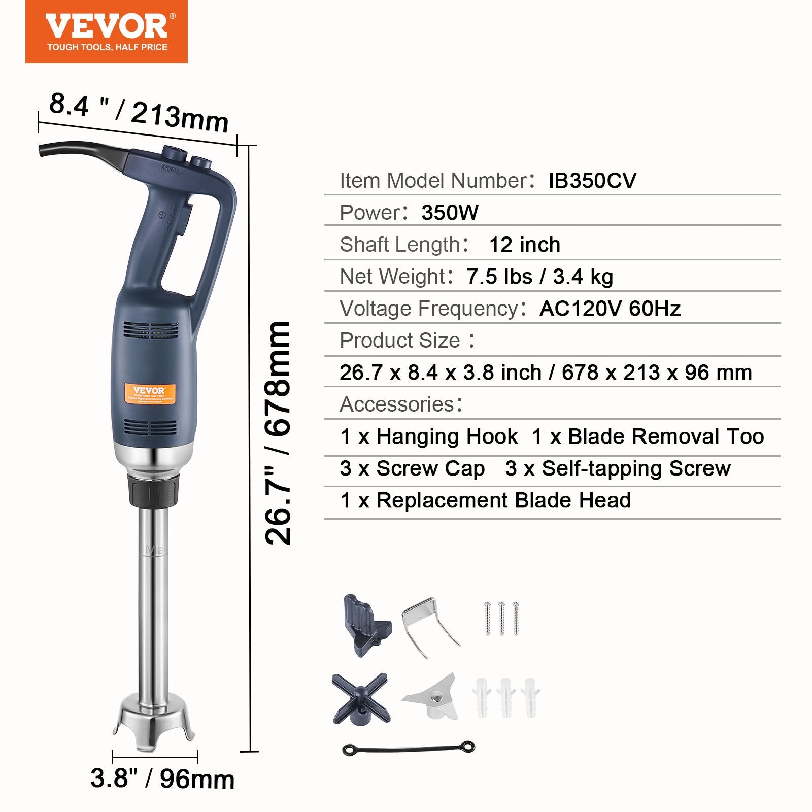 Commercial Immersion Blender, 350W Heavy Duty Hand Mixer, 12 inch Stepless Variable Speed Mixer with V952-ZXSCJBQ350WBFMXPAV3
