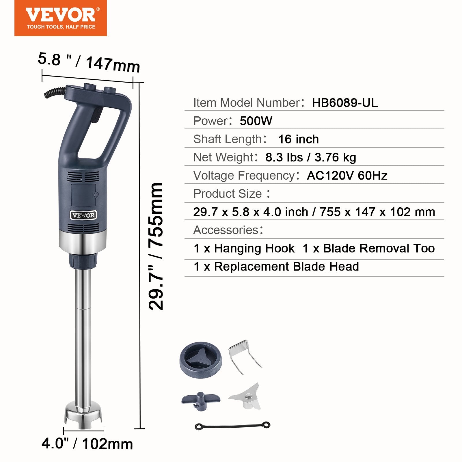 Commercial Immersion Blender 500W Heavy Duty Hand Mixer for Soup Sauces V952-ZXSCJBQ500WBHM0FZV3