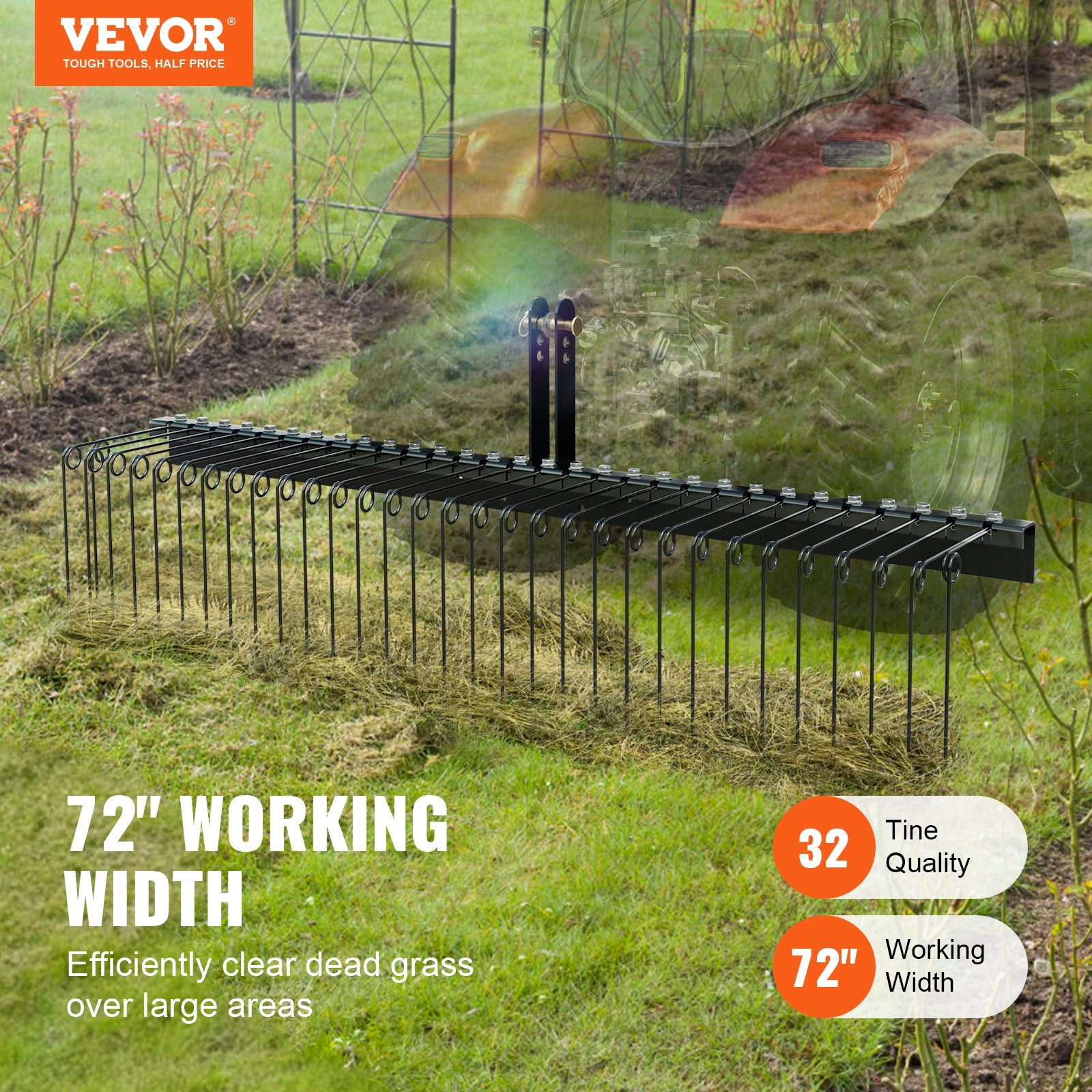 Tow Behind Landscape Rake, 1.8m Tow Dethatcher with 32 Steel Tines, Lawn Dethatcher Rake Attaches to Category V952-ZXSCJDHC72BDGLRVMV0