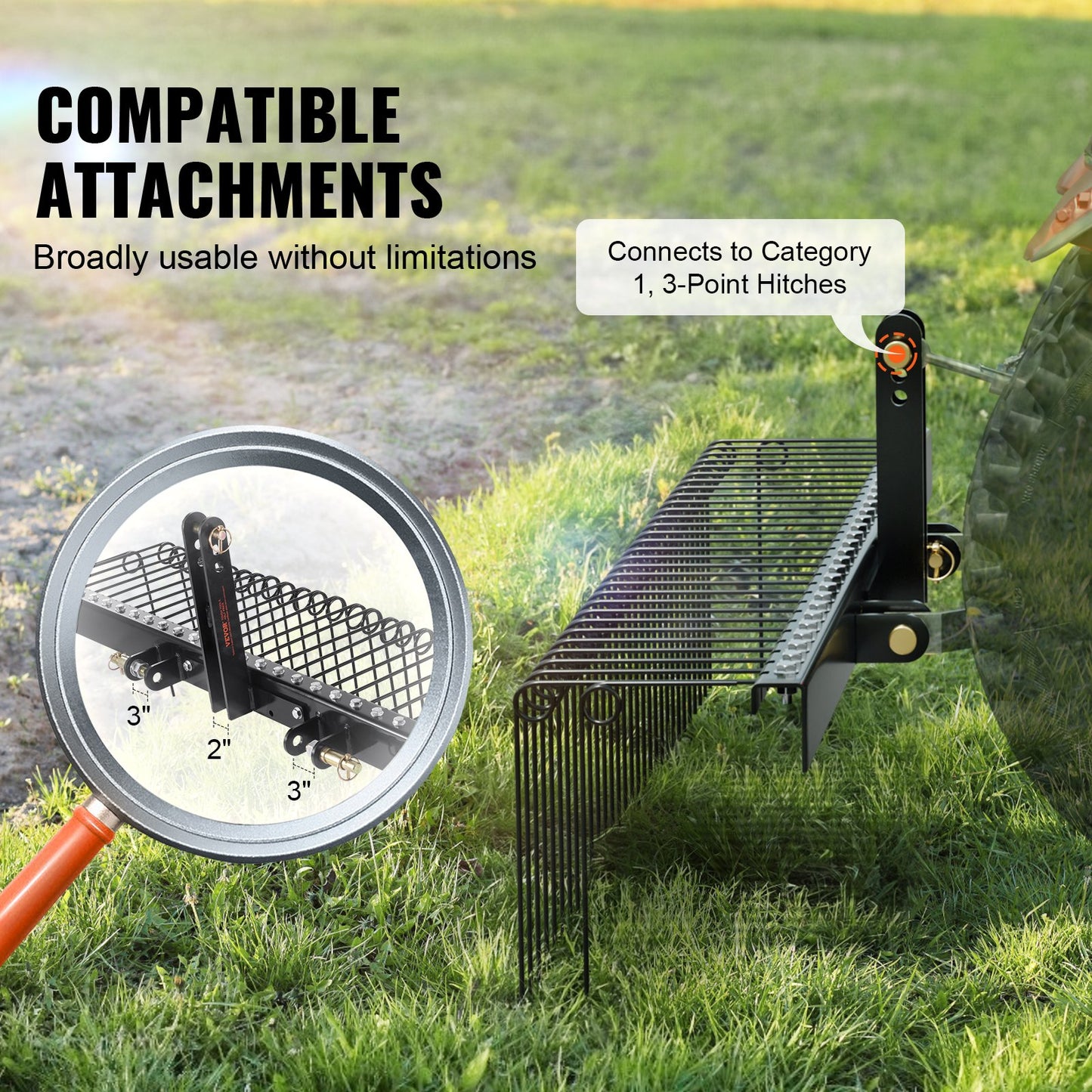 Tow Behind Landscape Rake, 1.8m Tow Dethatcher with 32 Steel Tines, Lawn Dethatcher Rake Attaches to Category V952-ZXSCJDHC72BDGLRVMV0