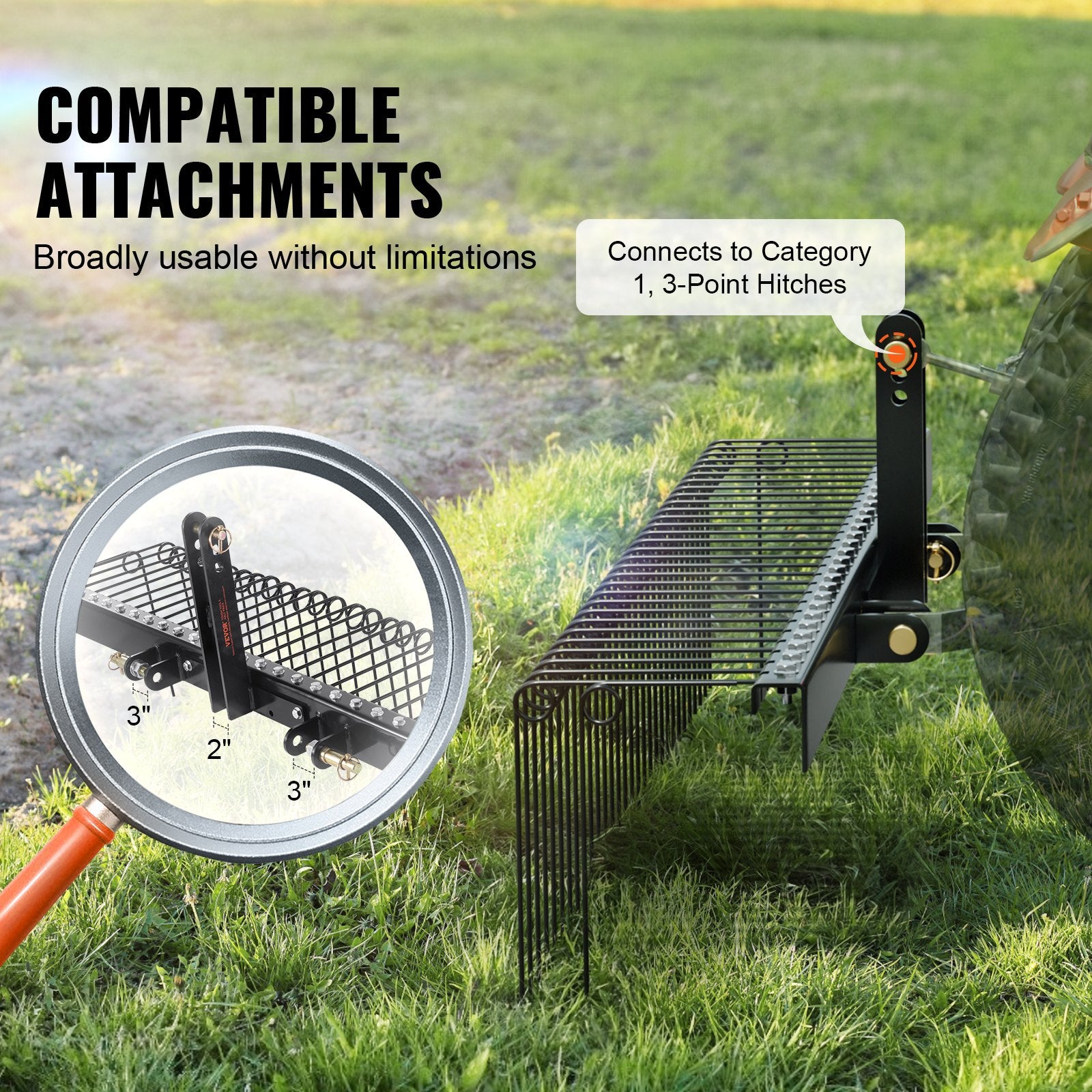 Tow Behind Landscape Rake, 1.8m Tow Dethatcher with 32 Steel Tines, Lawn Dethatcher Rake Attaches to Category V952-ZXSCJDHC72BDGLRVMV0