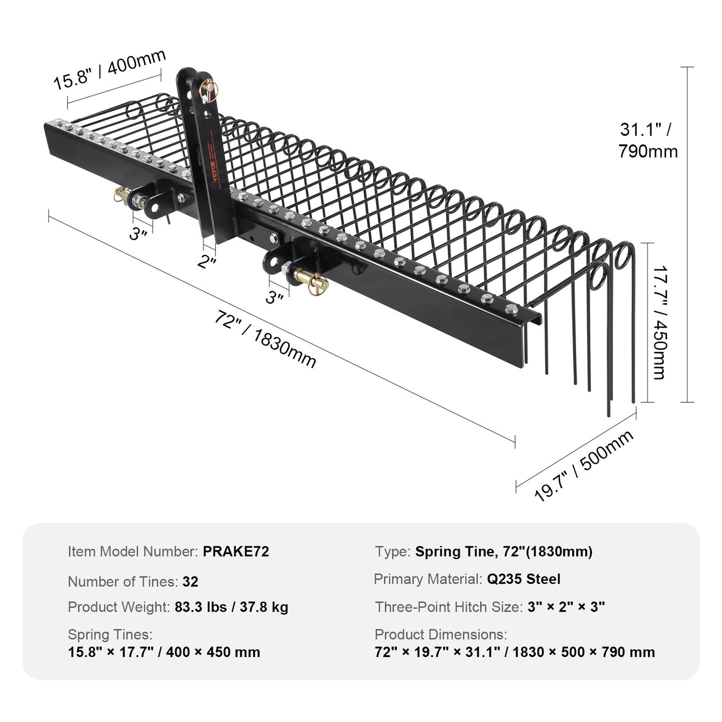 Tow Behind Landscape Rake, 1.8m Tow Dethatcher with 32 Steel Tines, Lawn Dethatcher Rake Attaches to Category V952-ZXSCJDHC72BDGLRVMV0